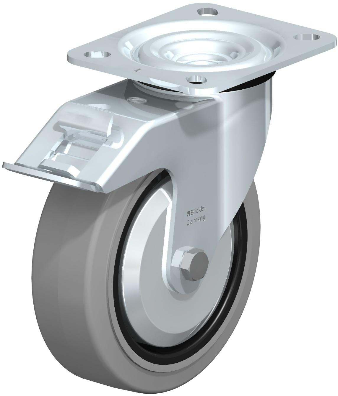 Roulette pivotante en tôle d’acier, version mi-lourde, avec platine à visser et blocage “stop-fix”