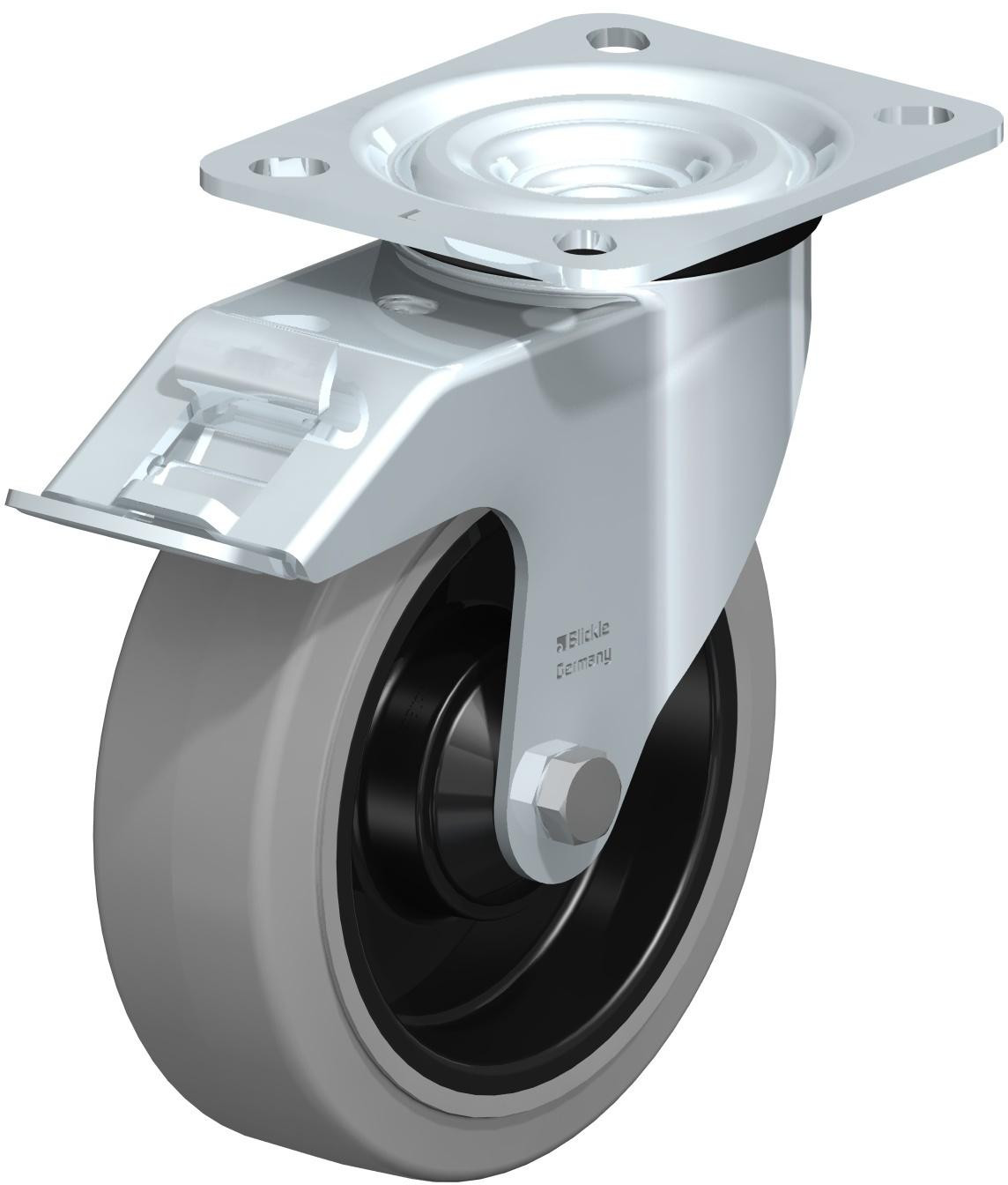 Roulette pivotante en tôle d’acier, version mi-lourde, avec platine à visser et blocage “stop-fix”