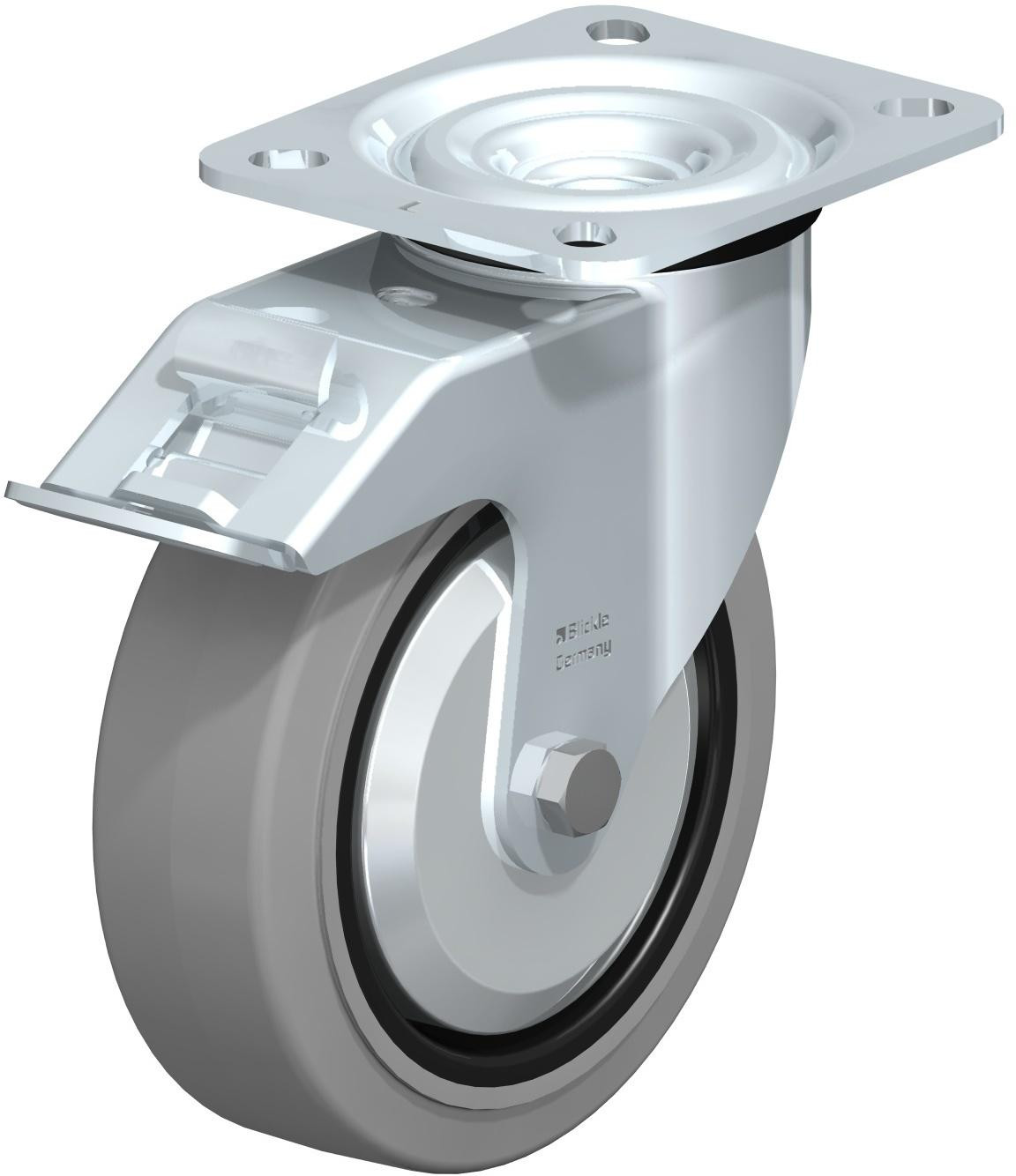 Roulette pivotante en tôle d’acier, version mi-lourde, avec platine à visser et blocage “stop-fix”