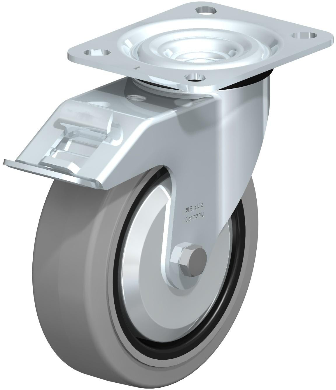 Roulette pivotante en tôle d’acier, version mi-lourde, avec platine à visser et blocage “stop-fix”