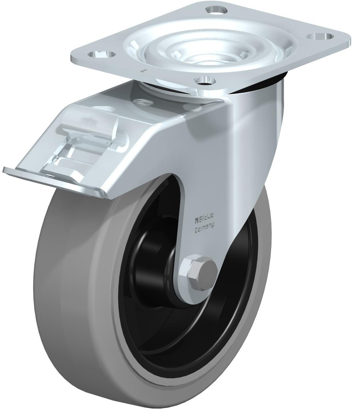 Roulette pivotante en tôle d’acier, version mi-lourde, avec platine à visser et blocage “stop-fix”