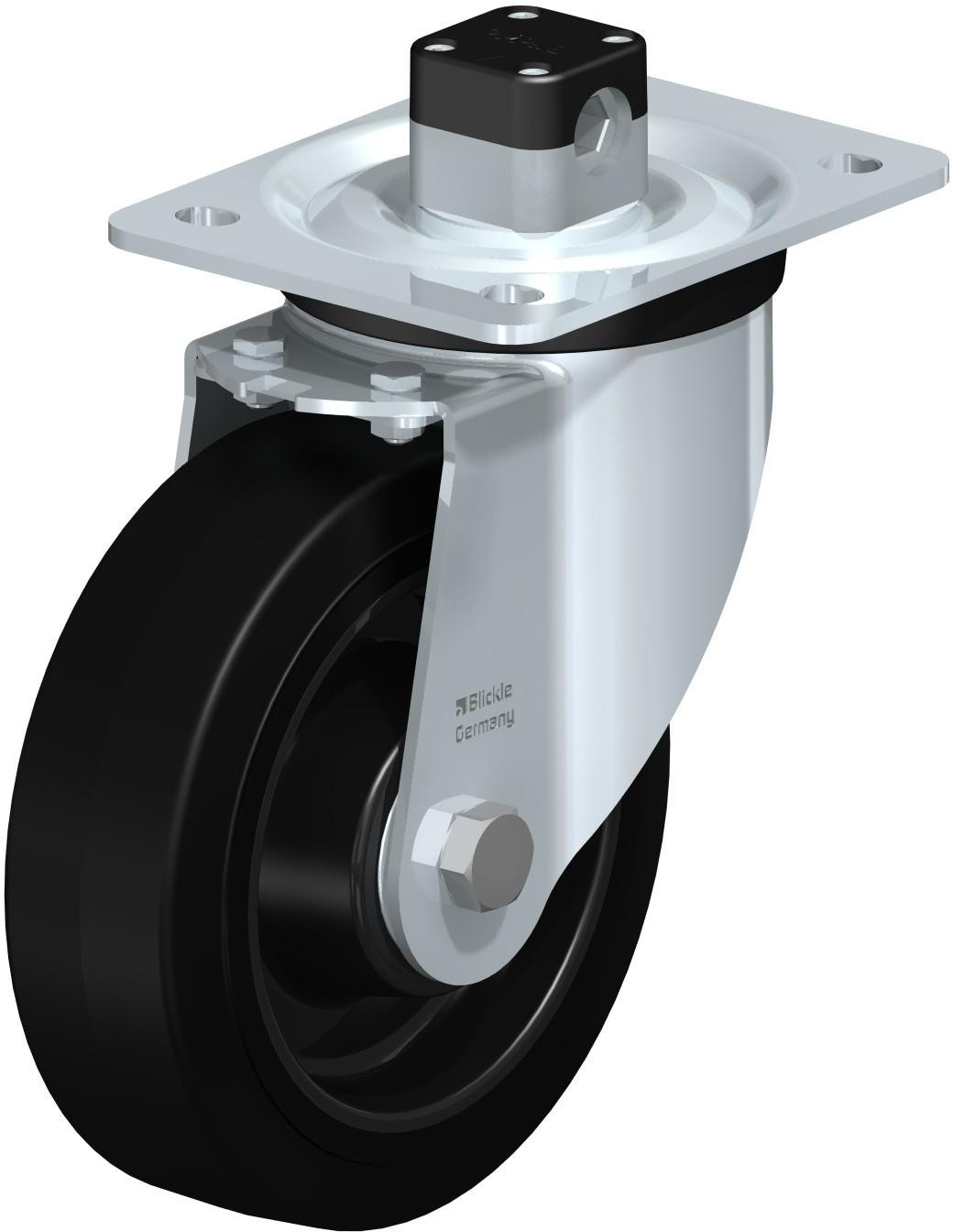 Roulette pivotante en tôle d’acier, version mi-lourde, avec platine à visser et blocage centralisé “central-stop”