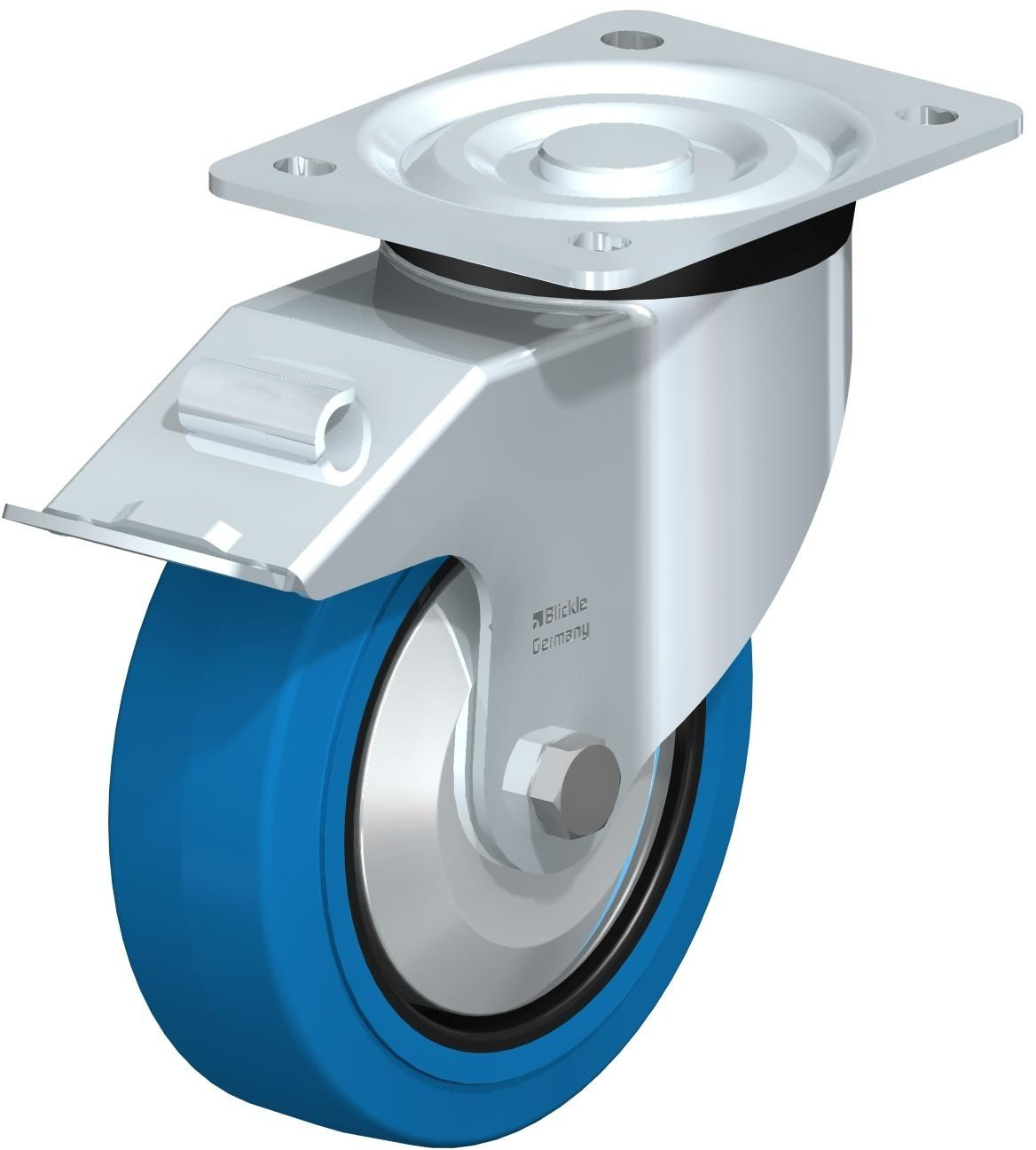 Roulette pivotante en tôle d’acier, version mi-lourde, avec platine à visser et blocage “stop-fix”