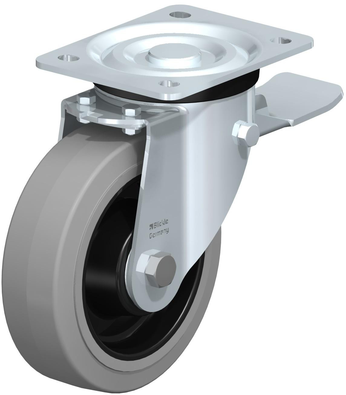 Roulette pivotante en tôle d’acier, version mi-lourde, avec platine à visser et blocage “stop-top”