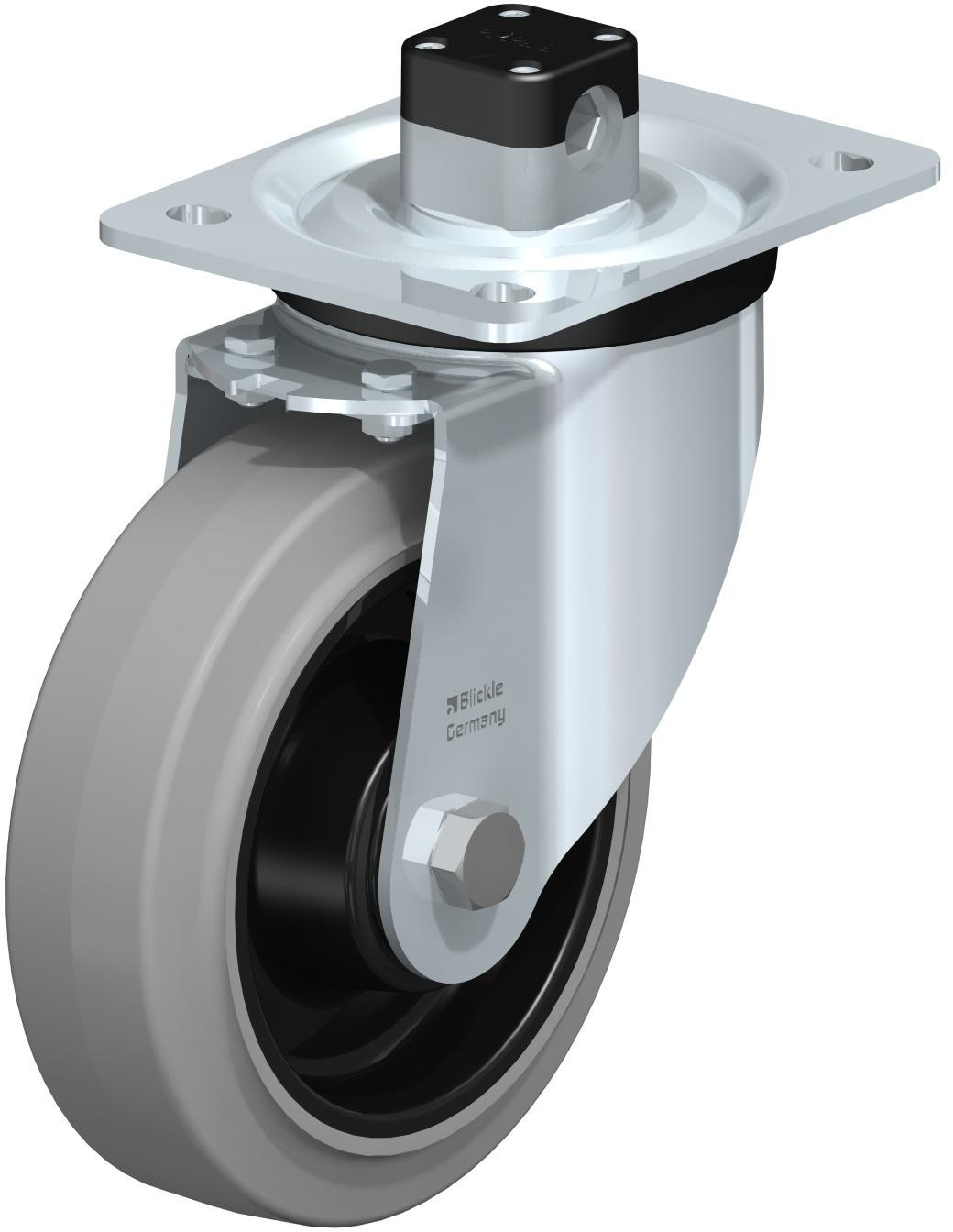 Roulette pivotante en tôle d’acier, version mi-lourde, avec platine à visser et blocage centralisé “central-stop”