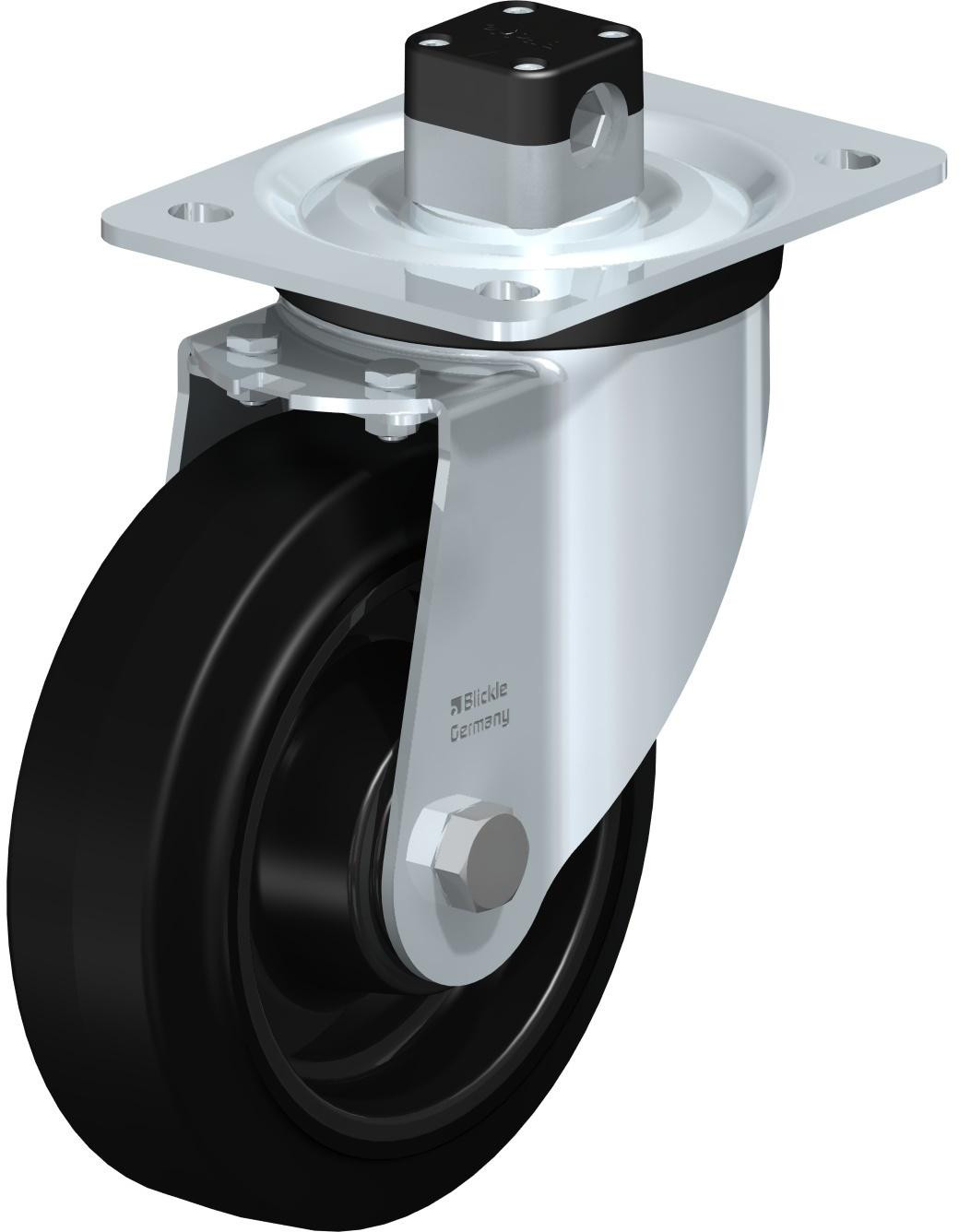 Roulette pivotante en tôle d’acier, version mi-lourde, avec platine à visser et blocage centralisé “central-stop”