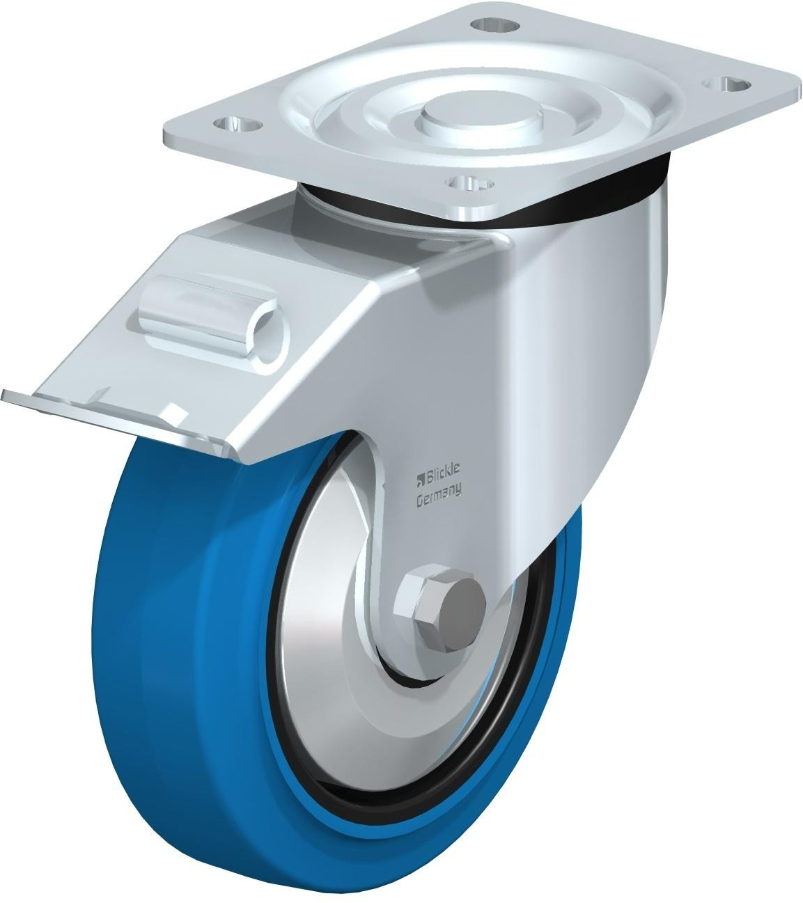 Roulette pivotante en tôle d’acier, version mi-lourde, avec platine à visser et blocage “stop-fix”