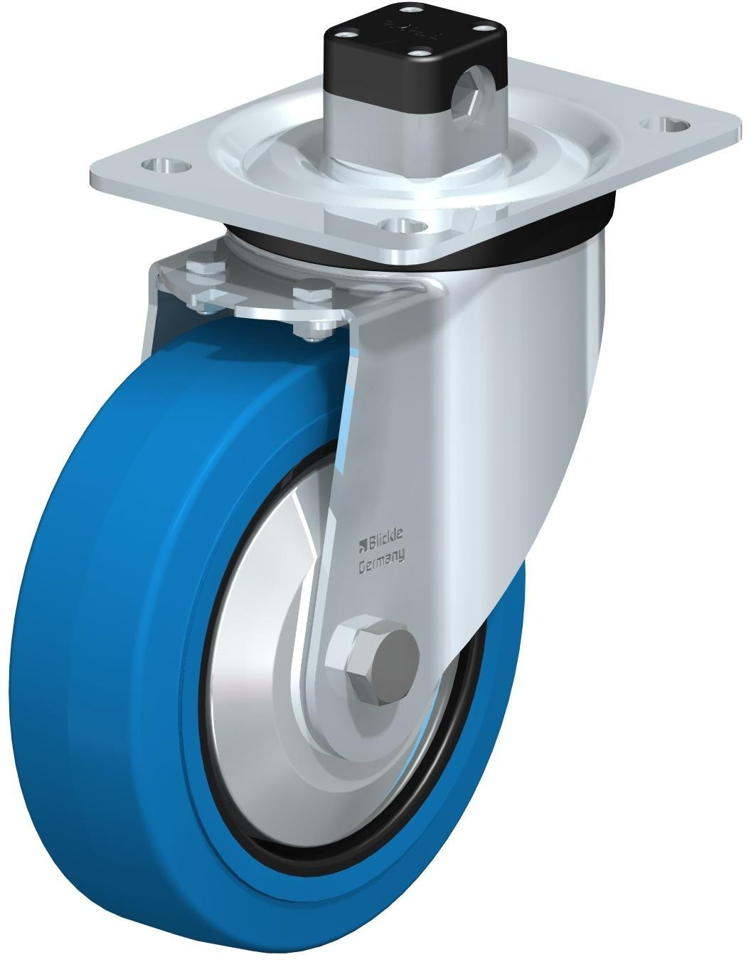 Roulette pivotante en tôle d’acier, version mi-lourde, avec platine à visser et blocage centralisé “central-stop”