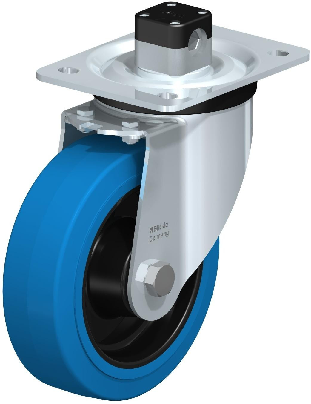 Roulette pivotante en tôle d’acier, version mi-lourde, avec platine à visser et blocage centralisé “central-stop”