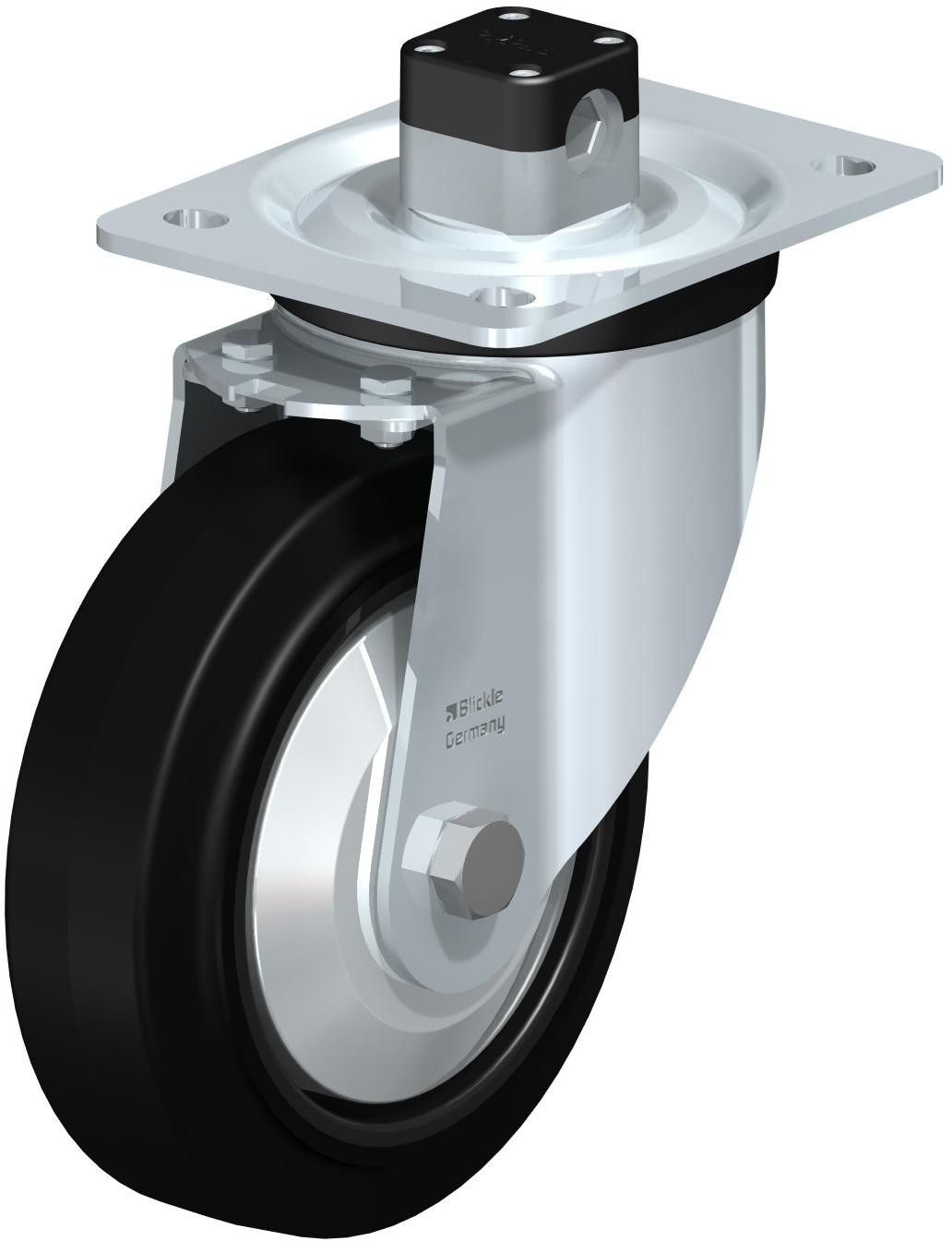 Roulette pivotante en tôle d’acier, version mi-lourde, avec platine à visser et blocage centralisé “central-stop”