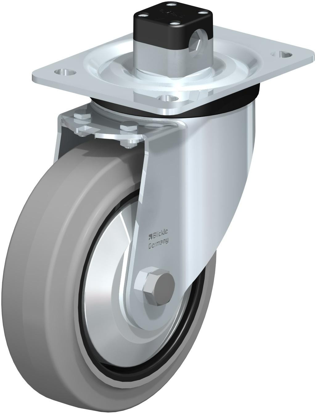 Roulette pivotante en tôle d’acier, version mi-lourde, avec platine à visser et blocage centralisé “central-stop”