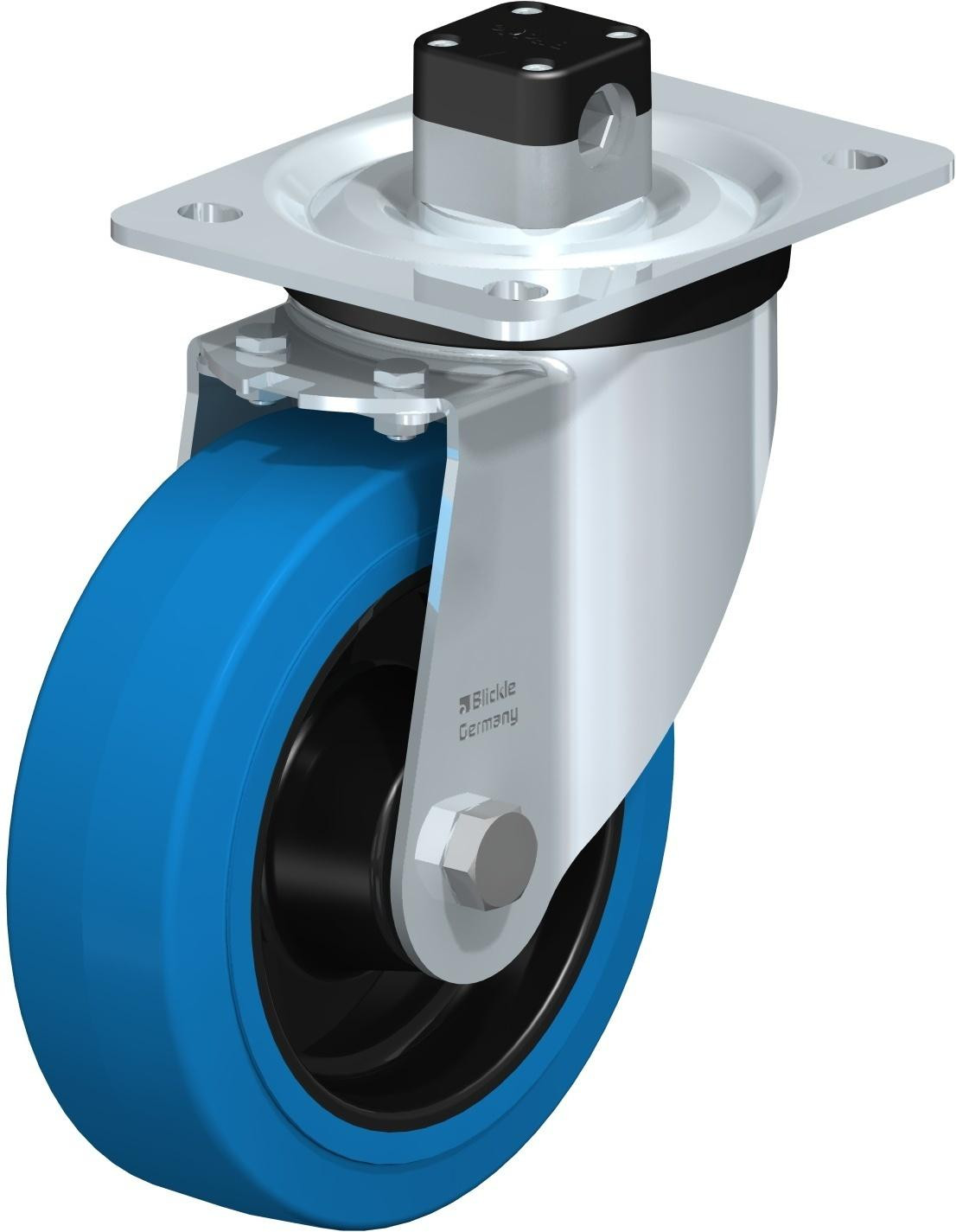 Roulette pivotante en tôle d’acier, version mi-lourde, avec platine à visser et blocage centralisé “central-stop”