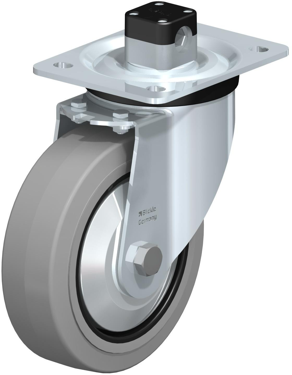 Roulette pivotante en tôle d’acier, version mi-lourde, avec platine à visser et blocage centralisé “central-stop”