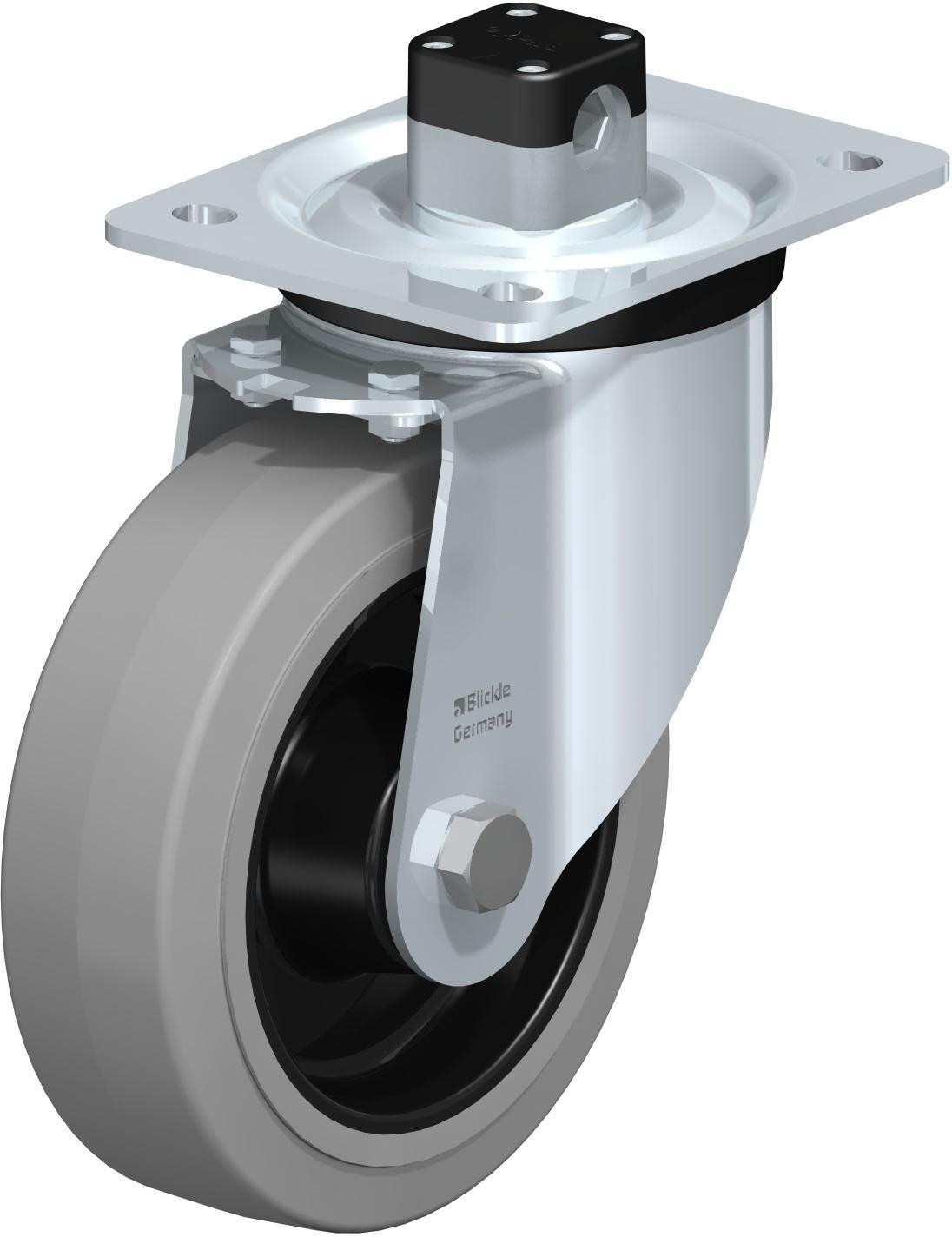 Roulette pivotante en tôle d’acier, version mi-lourde, avec platine à visser et blocage centralisé “central-stop”