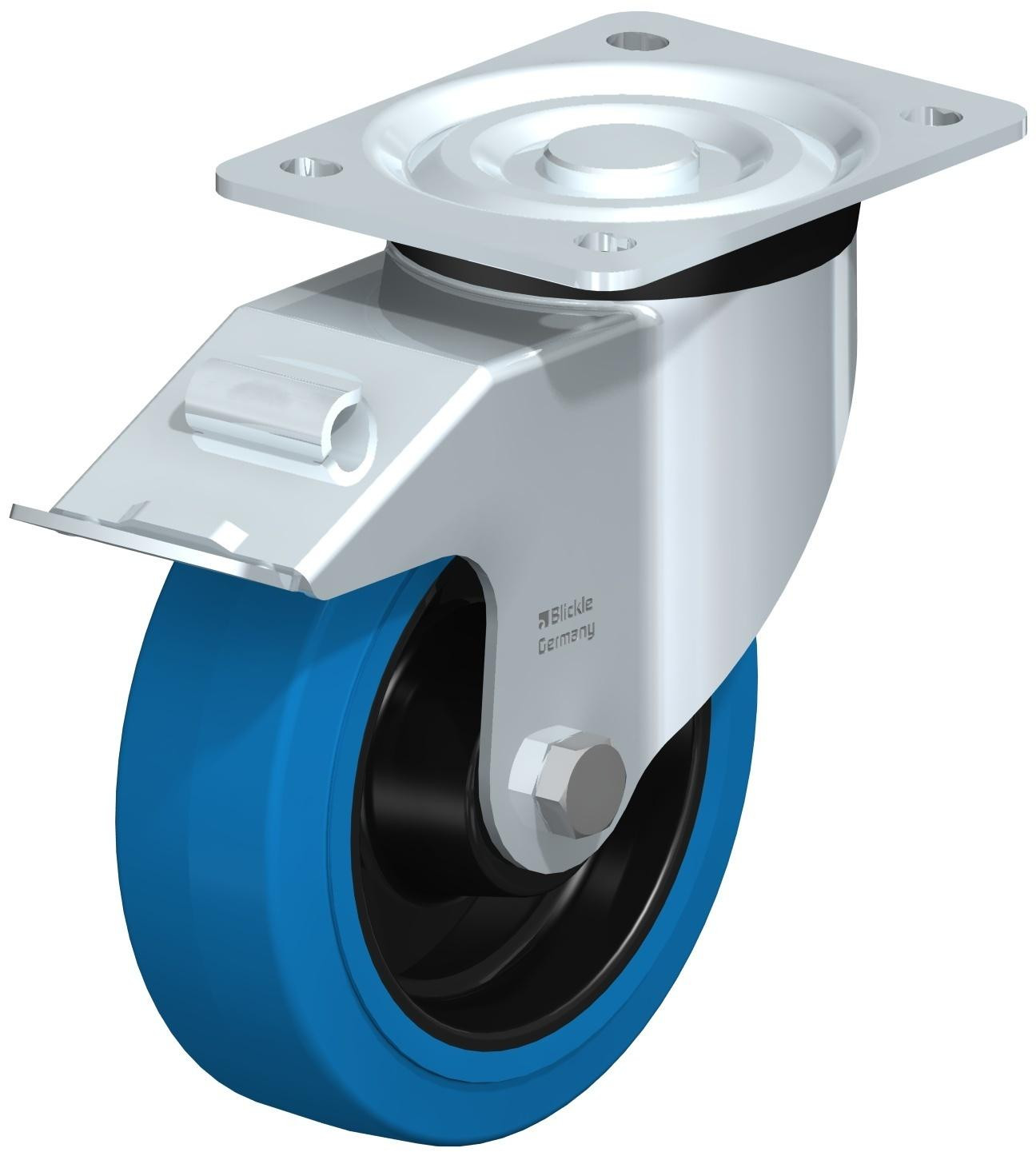 Roulette pivotante en tôle d’acier, version mi-lourde, avec platine à visser et blocage “stop-fix”