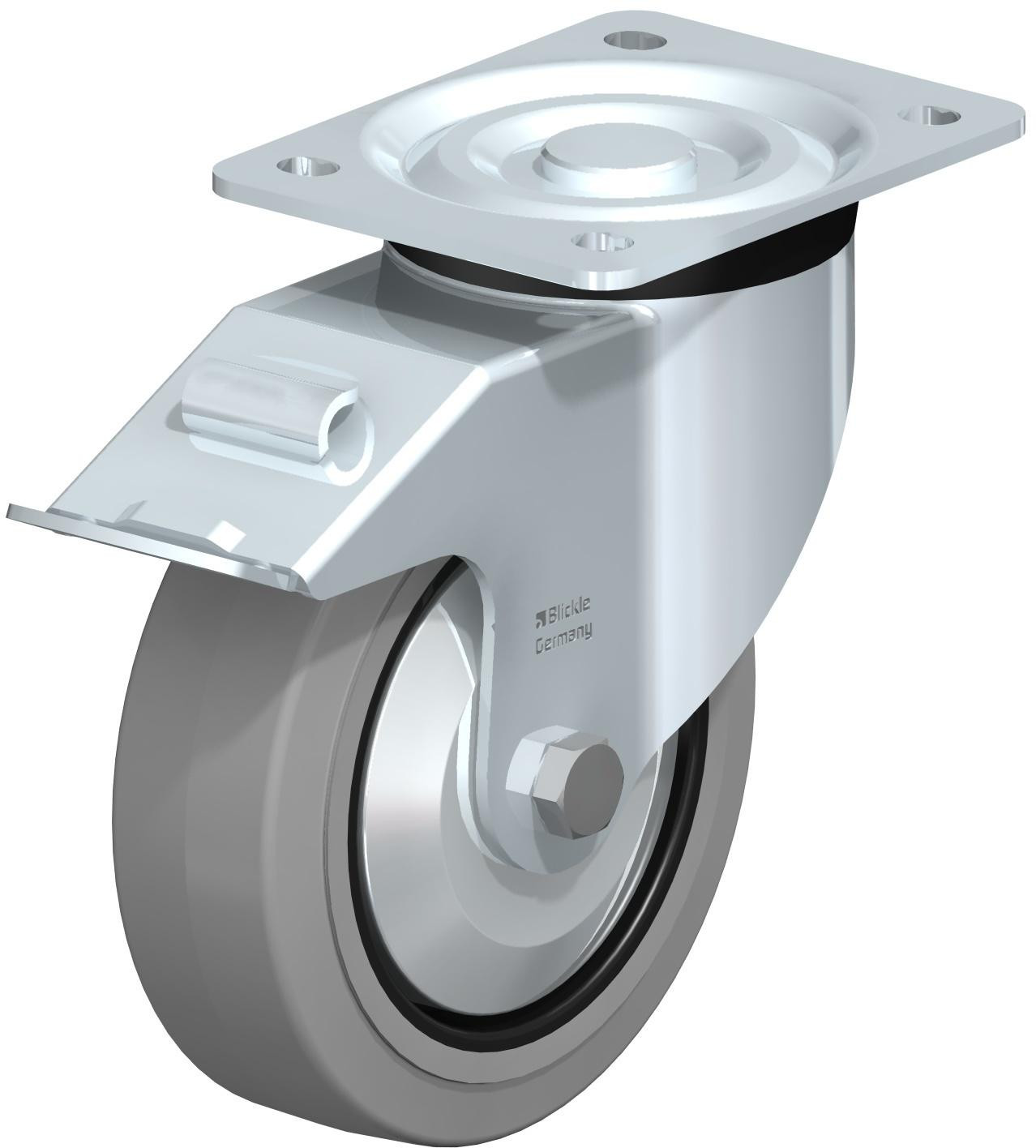 Roulette pivotante en tôle d’acier, version mi-lourde, avec platine à visser et blocage “stop-fix”