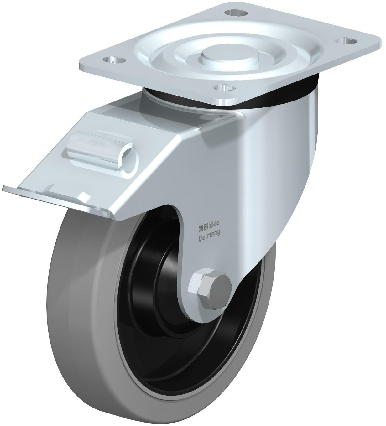 Roulette pivotante en tôle d’acier, version mi-lourde, avec platine à visser et blocage “stop-fix”