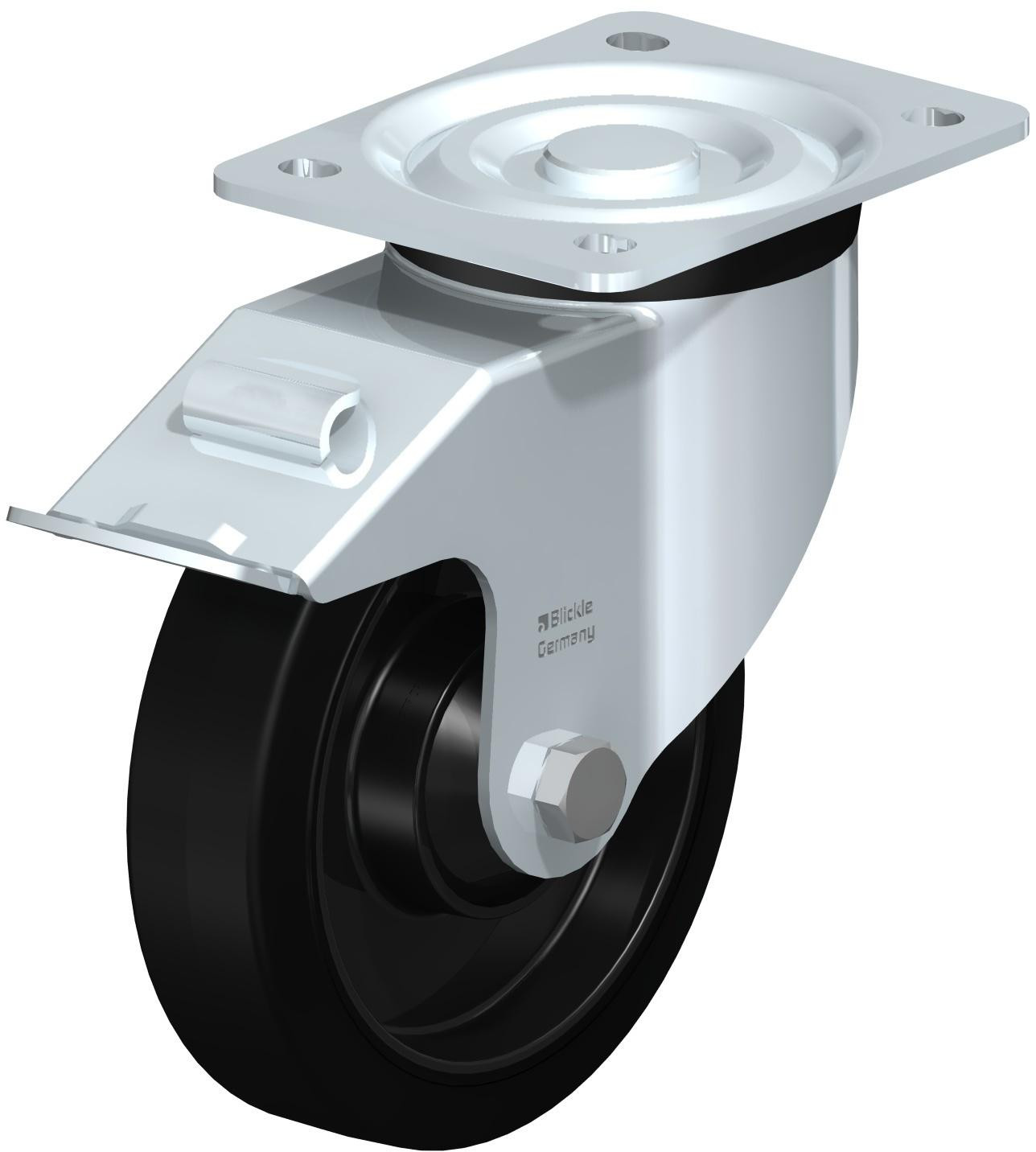 Roulette pivotante en tôle d’acier, version mi-lourde, avec platine à visser et blocage “stop-fix”