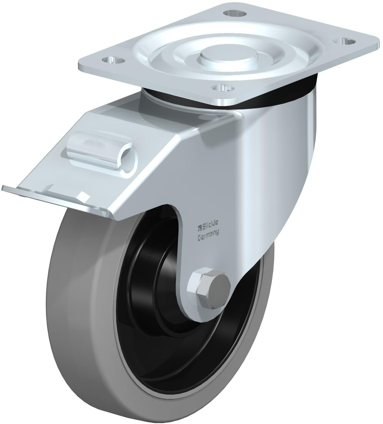 Roulette pivotante en tôle d’acier, version mi-lourde, avec platine à visser et blocage “stop-fix”