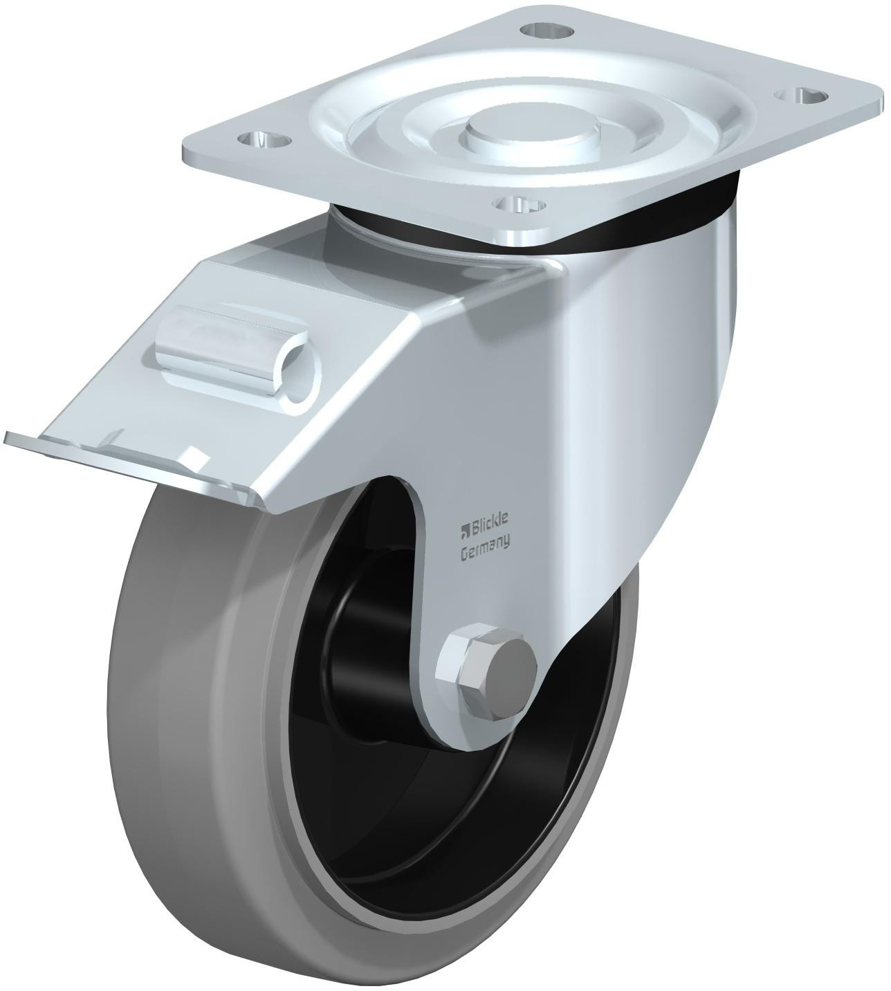 Roulette pivotante en tôle d’acier, version mi-lourde, avec platine à visser et blocage “stop-fix”