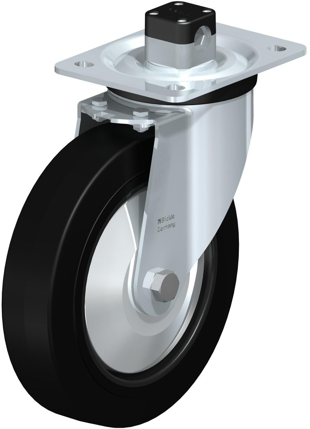 Roulette pivotante en tôle d’acier, version mi-lourde, avec platine à visser et blocage centralisé “central-stop”