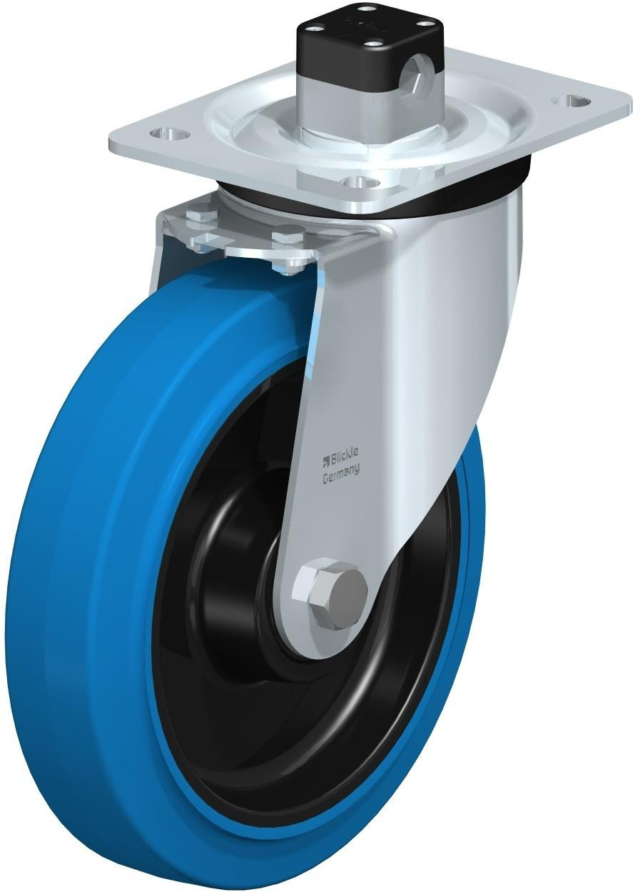 Roulette pivotante en tôle d’acier, version mi-lourde, avec platine à visser et blocage centralisé “central-stop”