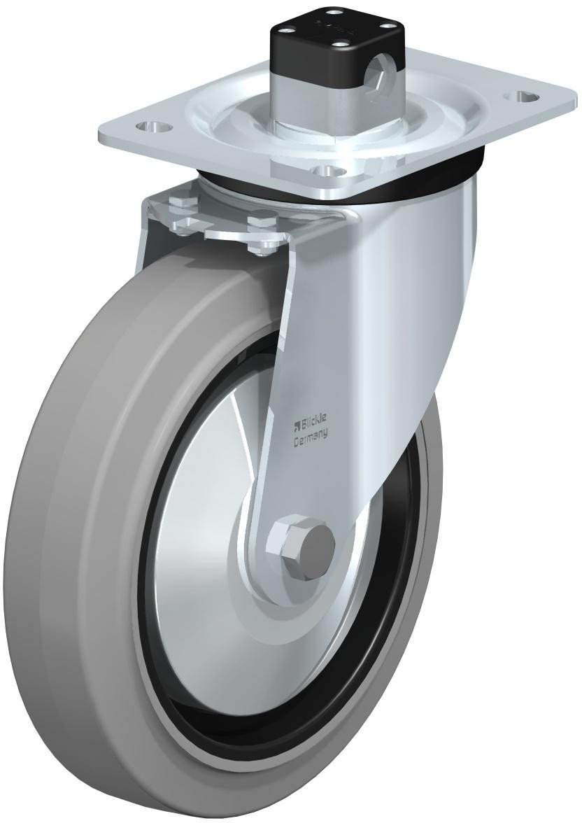 Roulette pivotante en tôle d’acier, version mi-lourde, avec platine à visser et blocage centralisé “central-stop”