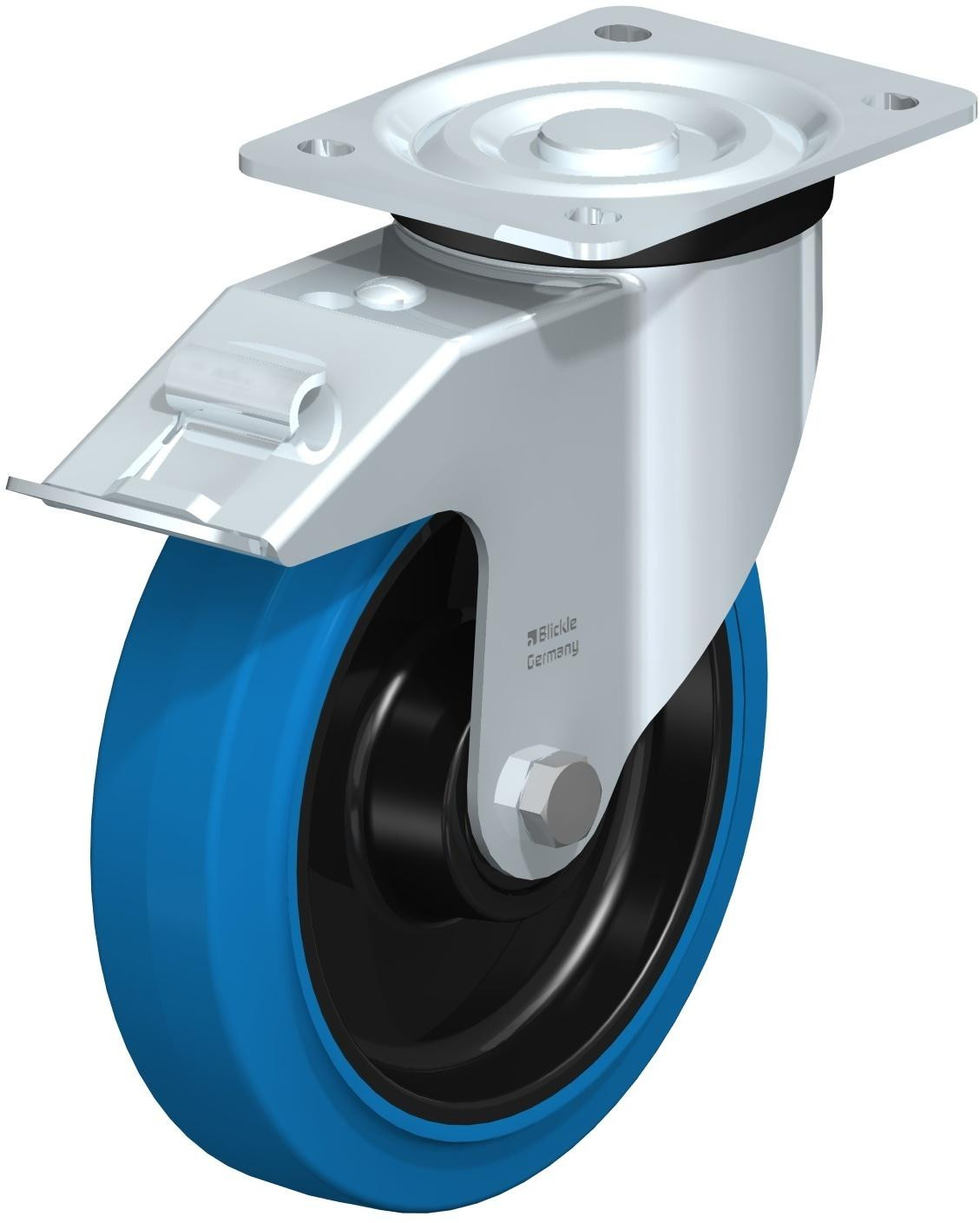 Roulette pivotante en tôle d’acier, version mi-lourde, avec platine à visser et blocage “stop-fix”