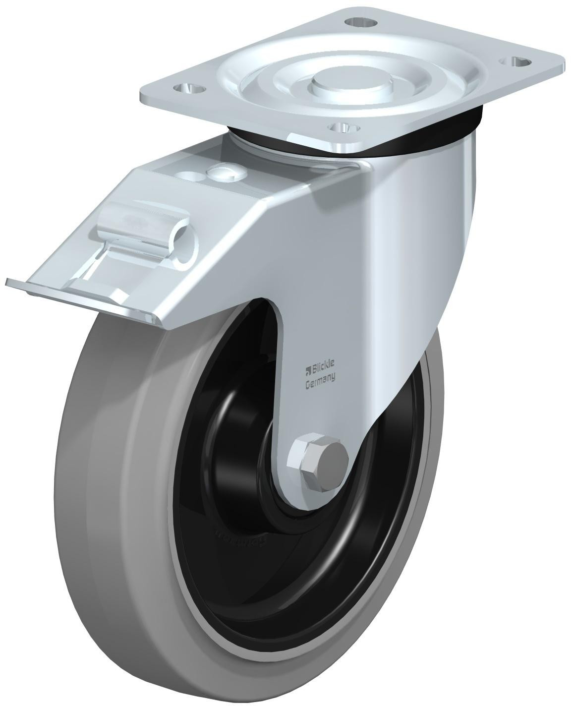 Roulette pivotante en tôle d’acier, version mi-lourde, avec platine à visser et blocage “stop-fix”