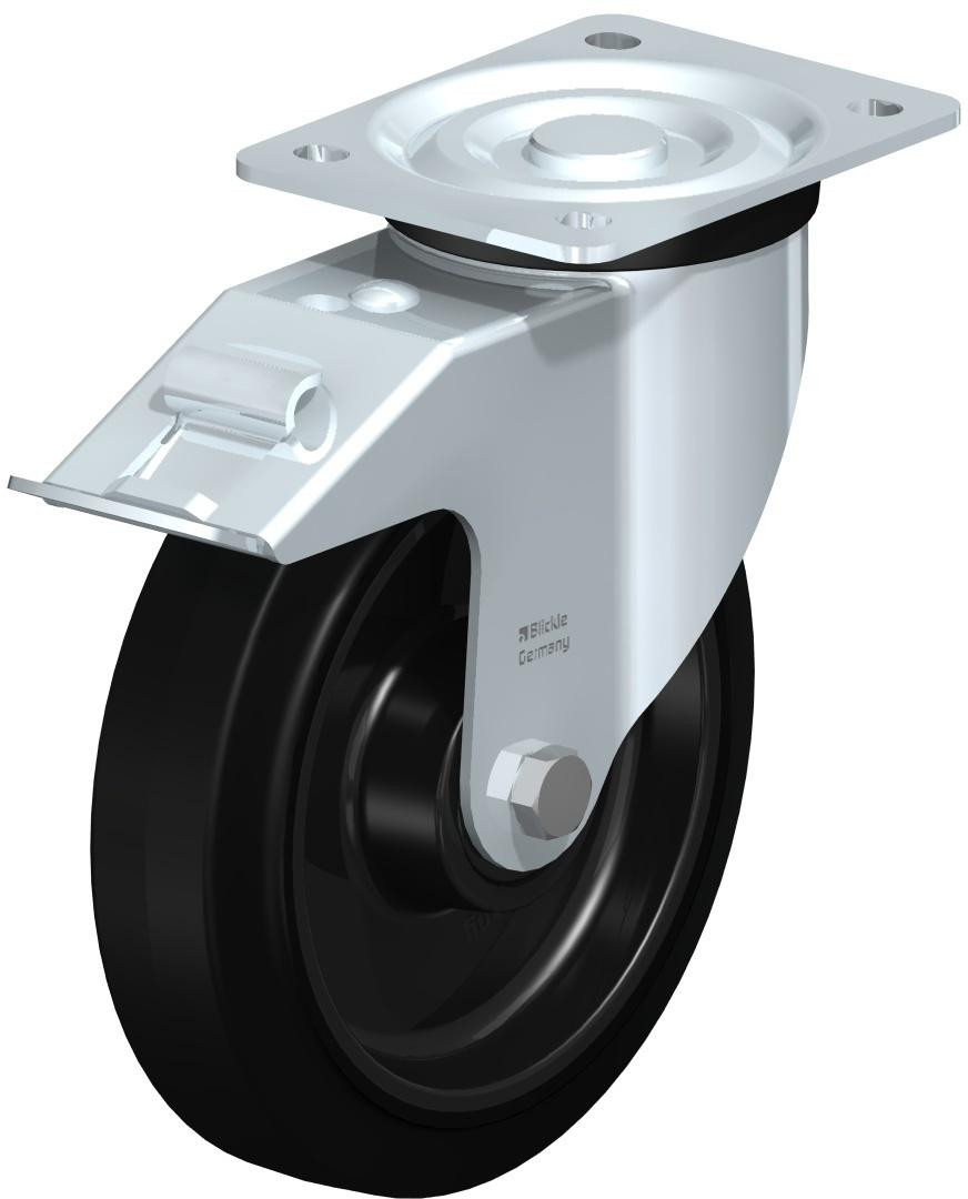 Roulette pivotante en tôle d’acier, version mi-lourde, avec platine à visser et blocage “stop-fix”