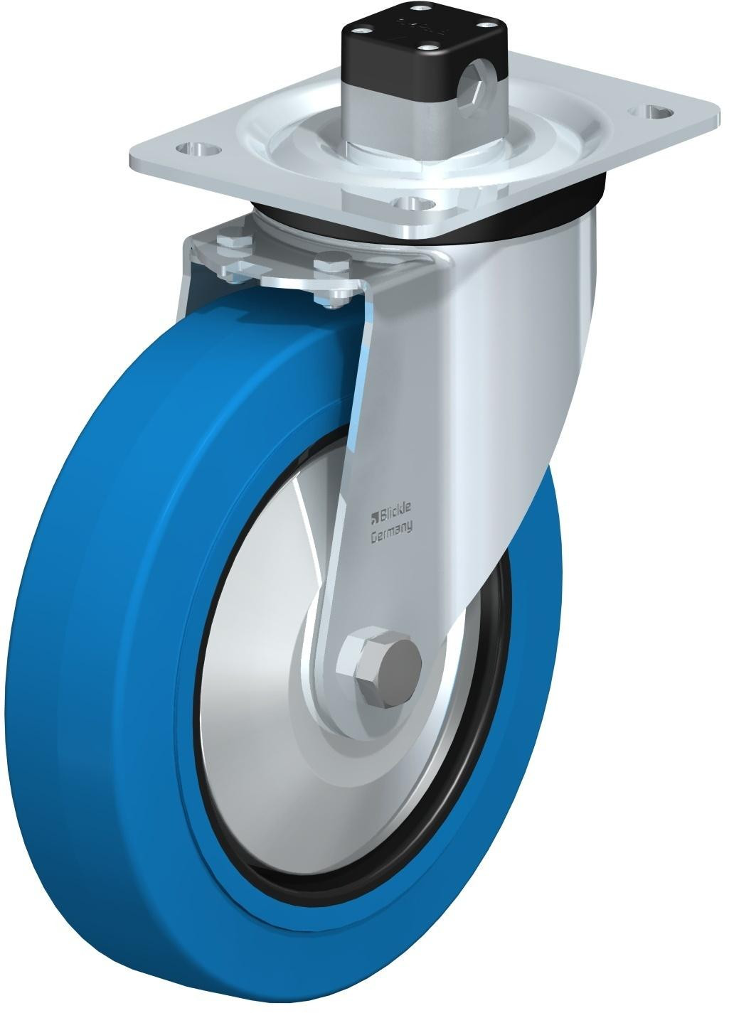 Roulette pivotante en tôle d’acier, version mi-lourde, avec platine à visser et blocage centralisé “central-stop”