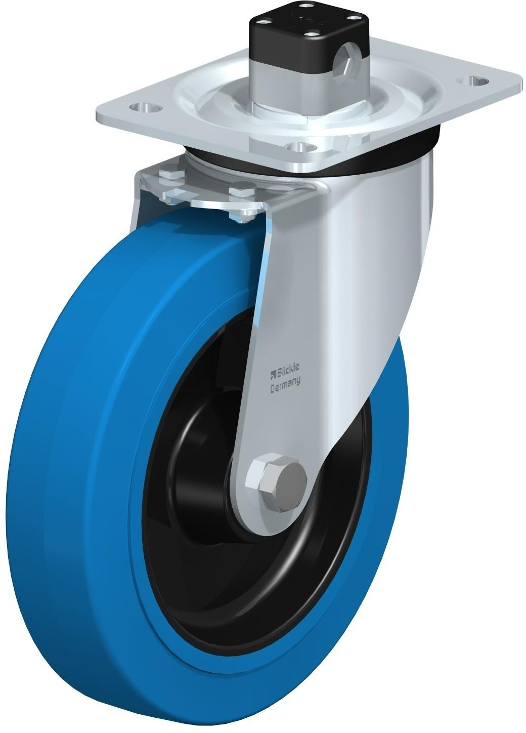 Roulette pivotante en tôle d’acier, version mi-lourde, avec platine à visser et blocage centralisé “central-stop”