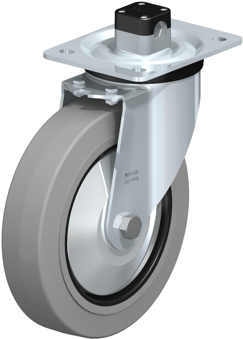 Roulette pivotante en tôle d’acier, version mi-lourde, avec platine à visser et blocage centralisé “central-stop”