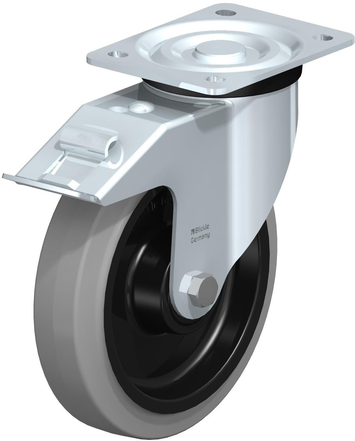 Roulette pivotante en tôle d’acier, version mi-lourde, avec platine à visser et blocage “stop-fix”