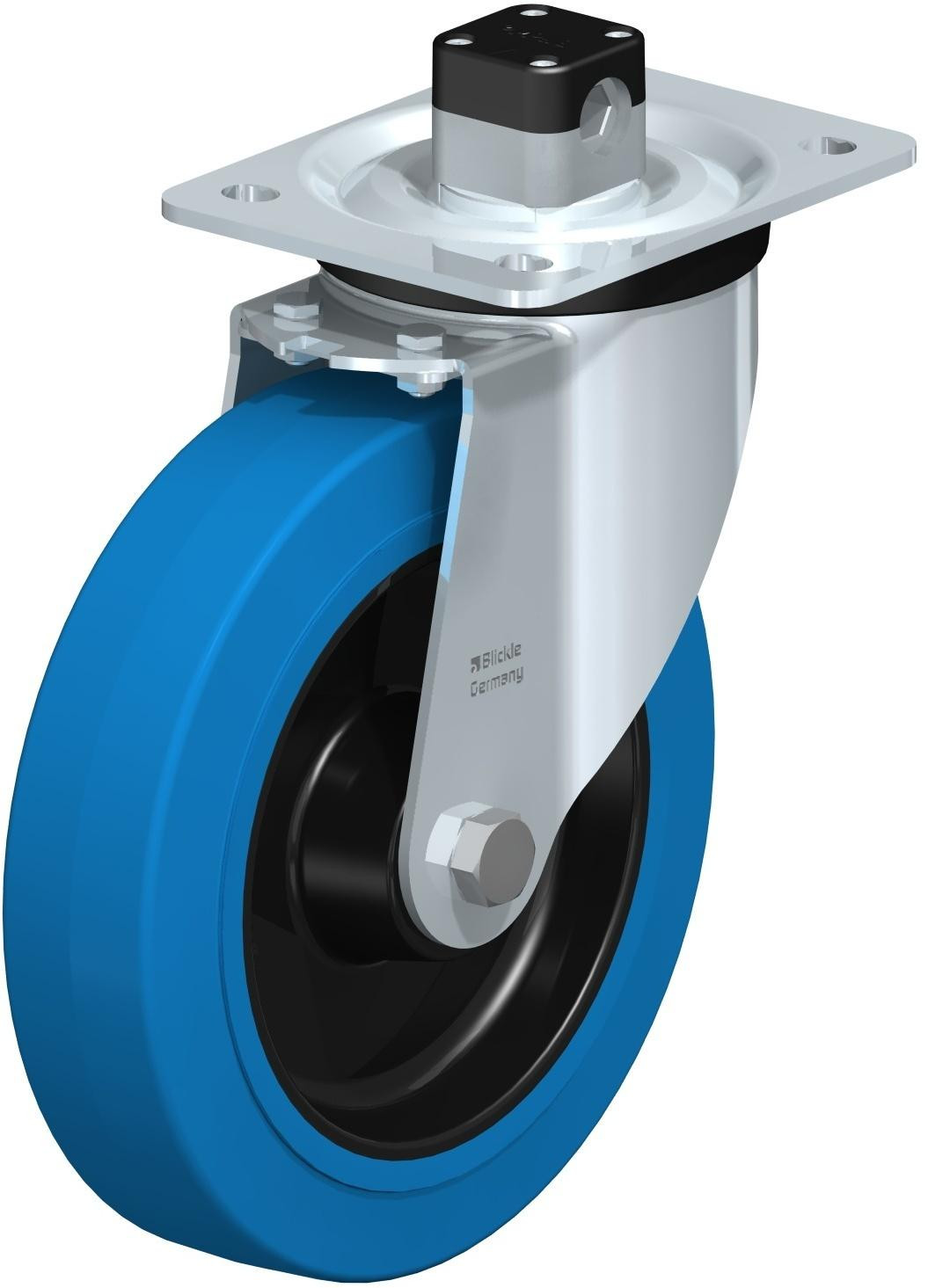 Roulette pivotante en tôle d’acier, version mi-lourde, avec platine à visser et blocage centralisé “central-stop”