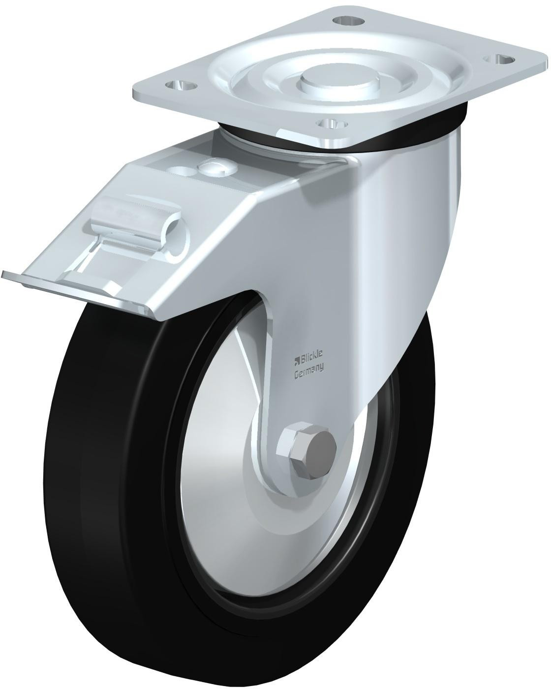 Roulette pivotante en tôle d’acier, version mi-lourde, avec platine à visser et blocage “stop-fix”