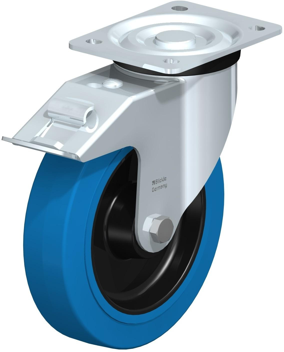 Roulette pivotante en tôle d’acier, version mi-lourde, avec platine à visser et blocage “stop-fix”