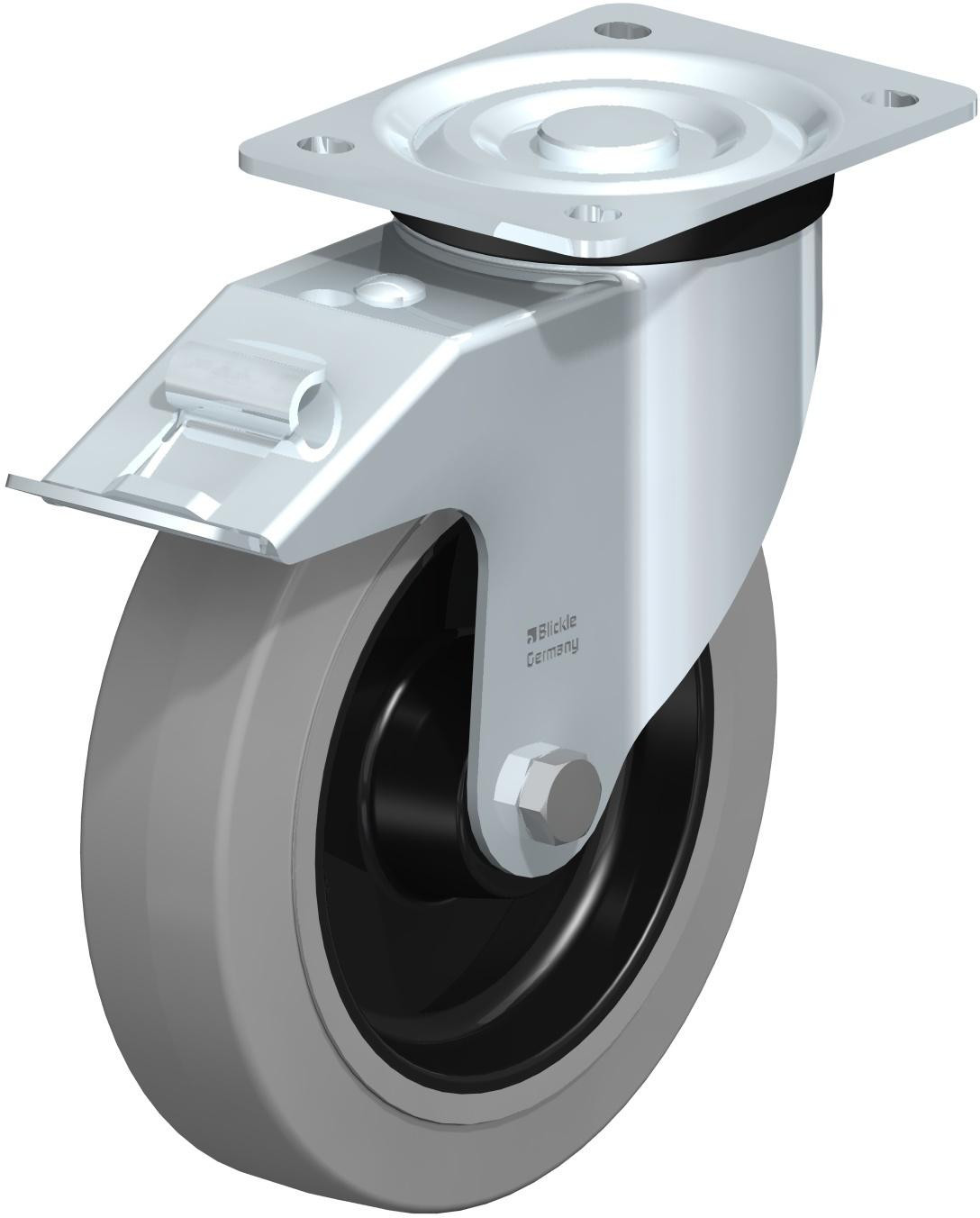 Roulette pivotante en tôle d’acier, version mi-lourde, avec platine à visser et blocage “stop-fix”