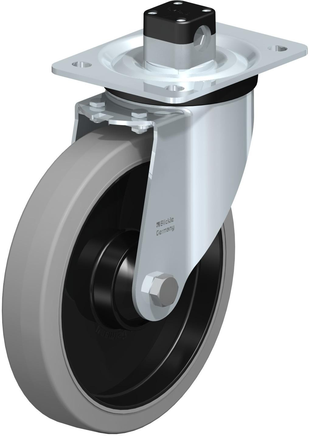 Roulette pivotante en tôle d’acier, version mi-lourde, avec platine à visser et blocage centralisé “central-stop”