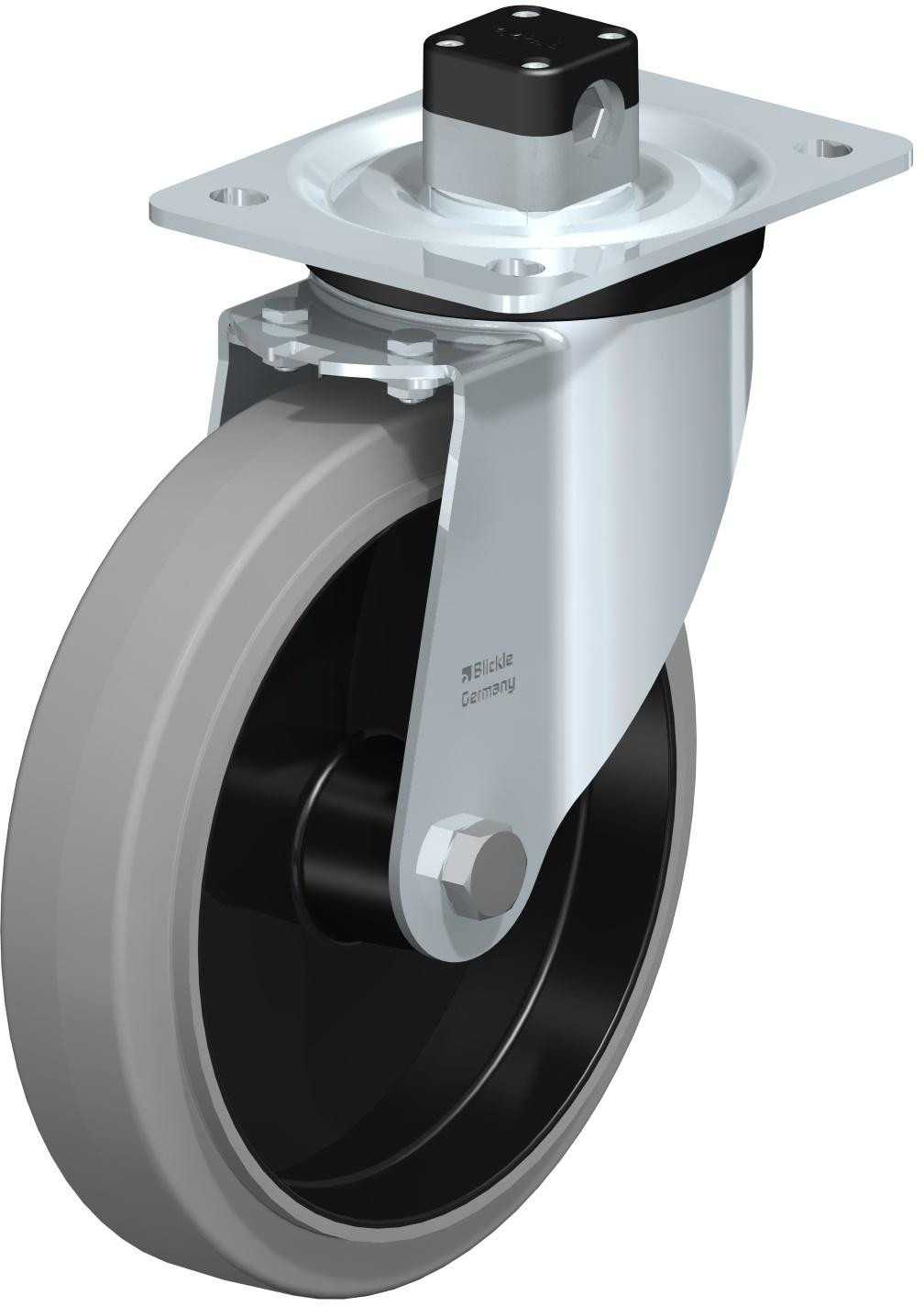 Roulette pivotante en tôle d’acier, version mi-lourde, avec platine à visser et blocage centralisé “central-stop”