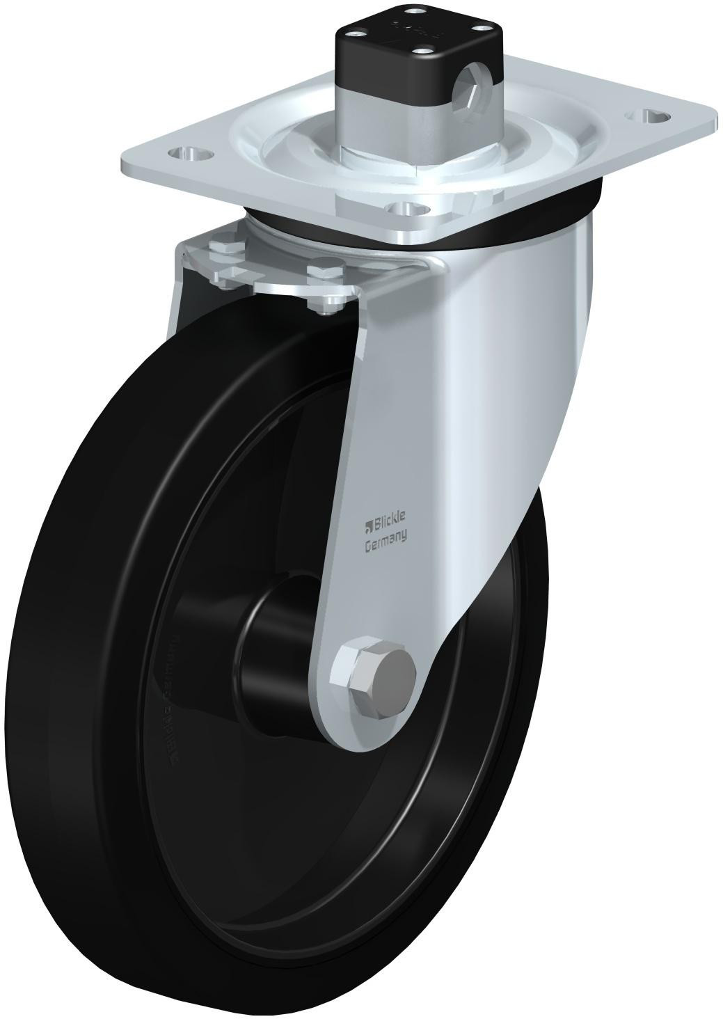 Roulette pivotante en tôle d’acier, version mi-lourde, avec platine à visser et blocage centralisé “central-stop”