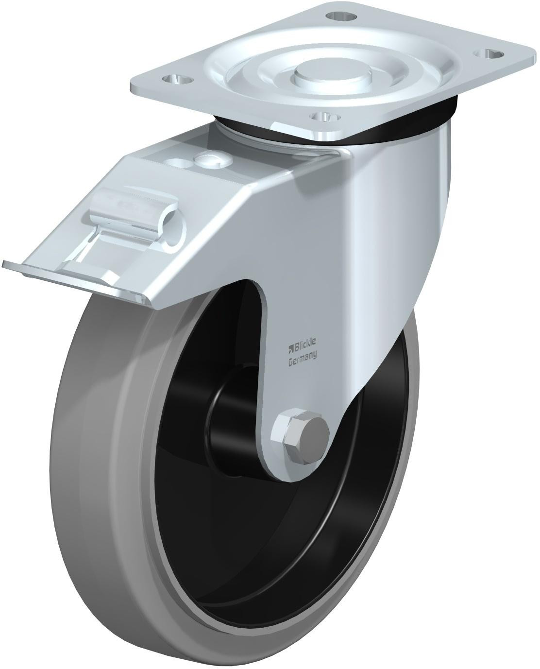 Roulette pivotante en tôle d’acier, version mi-lourde, avec platine à visser et blocage “stop-fix”