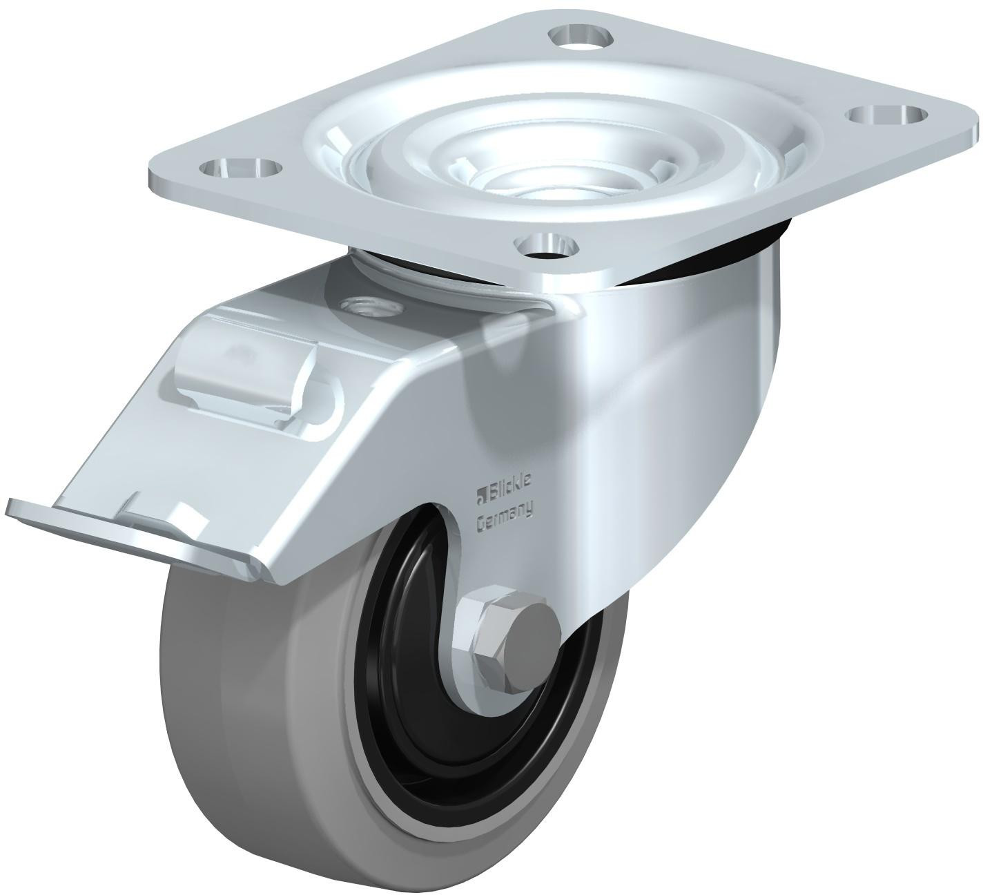 Roulette pivotante en tôle d’acier, version mi-lourde, avec platine à visser et blocage “stop-fix”