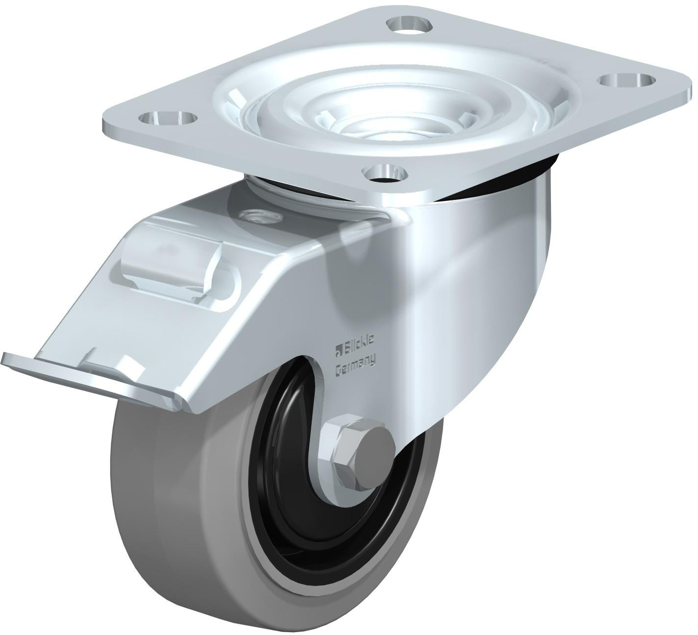 Roulette pivotante en tôle d’acier, version mi-lourde, avec platine à visser et blocage “stop-fix”