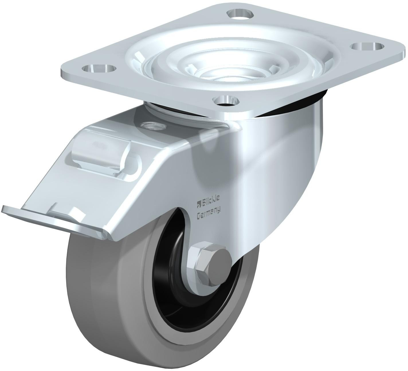 Roulette pivotante en tôle d’acier, version mi-lourde, avec platine à visser et blocage “stop-fix”