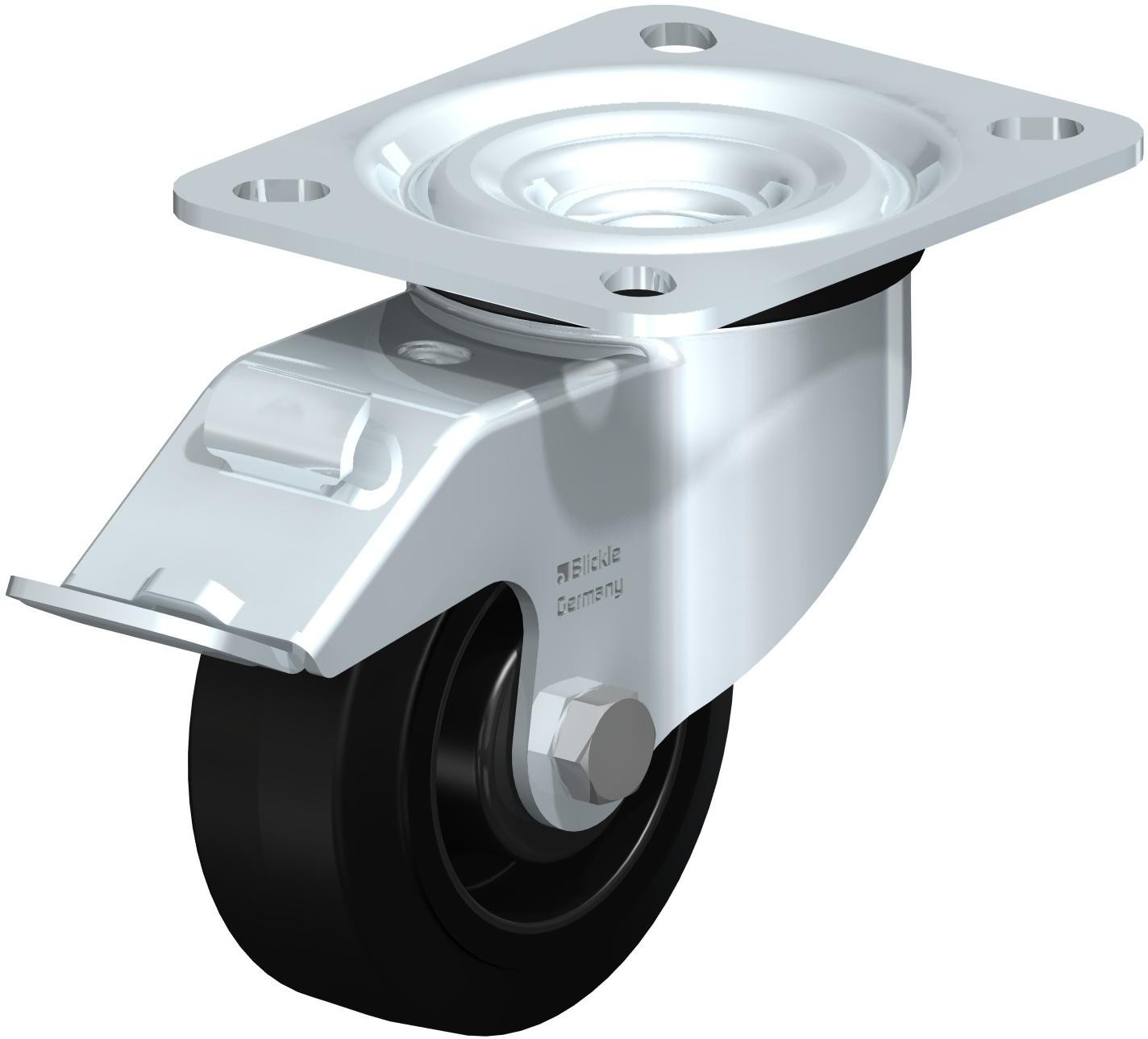 Roulette pivotante en tôle d’acier, version mi-lourde, avec platine à visser et blocage “stop-fix”