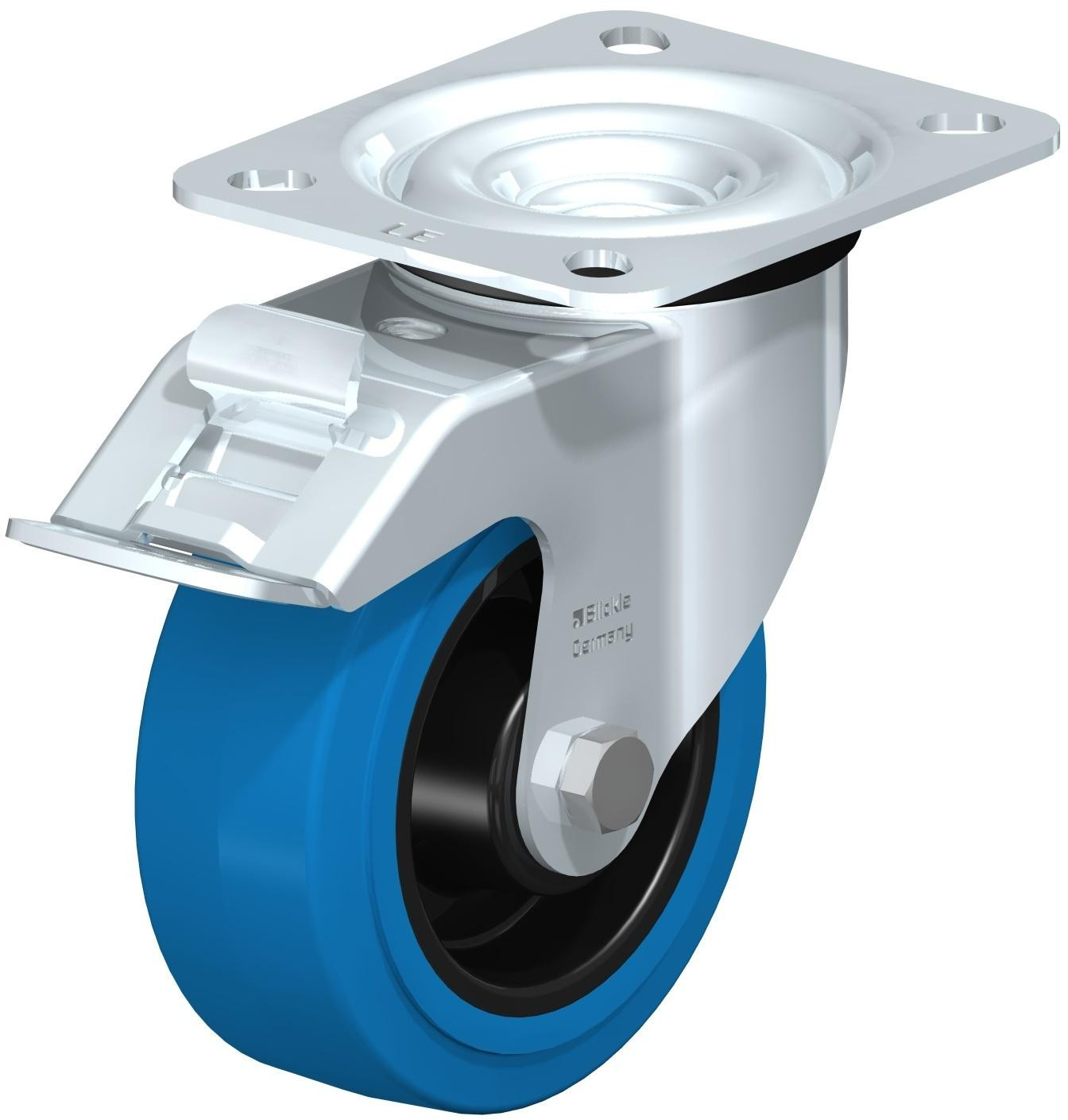 Roulette pivotante en tôle d’acier, avec platine à visser et blocage “stop-fix”