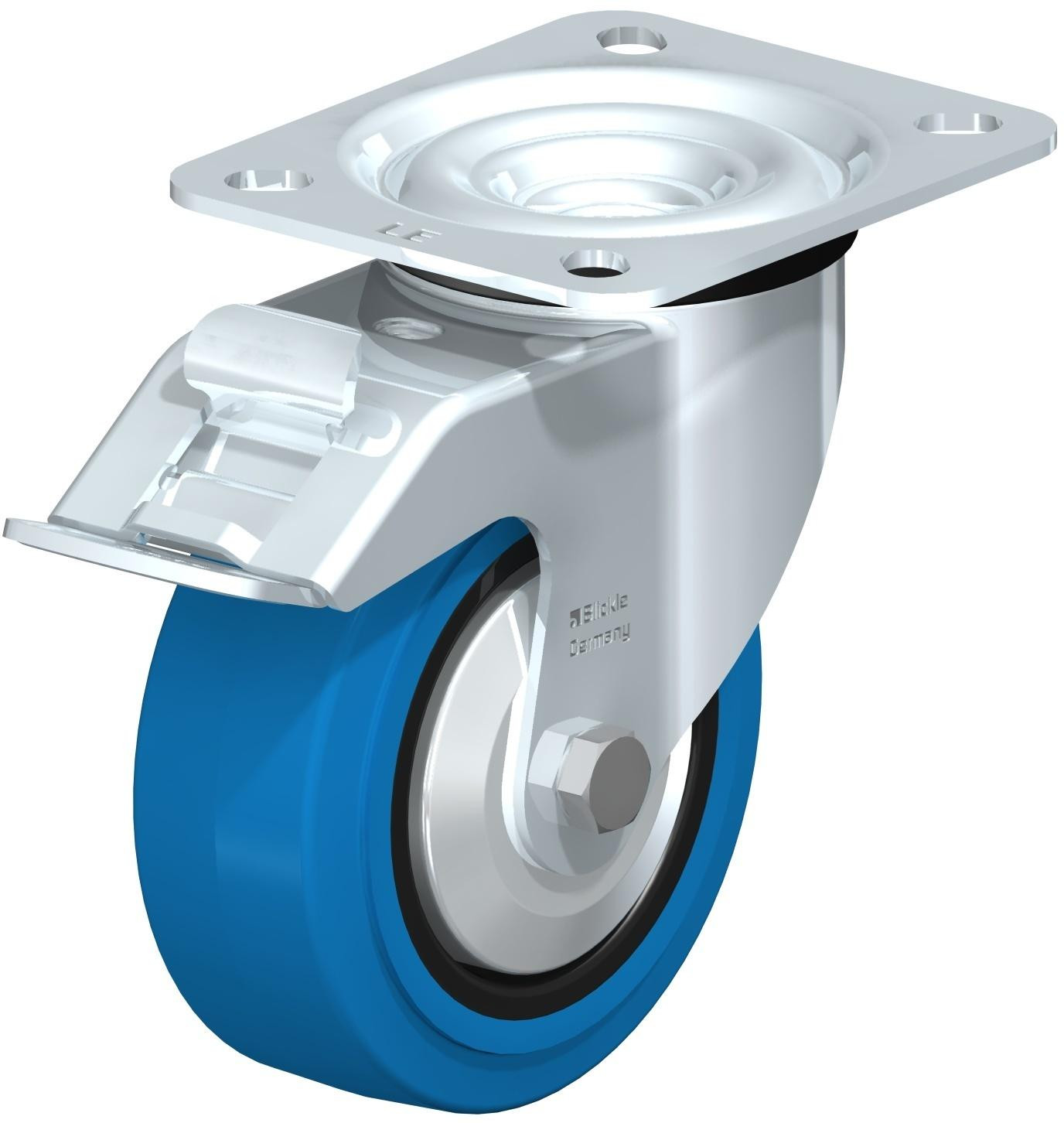 Roulette pivotante en tôle d’acier, avec platine à visser et blocage “stop-fix”