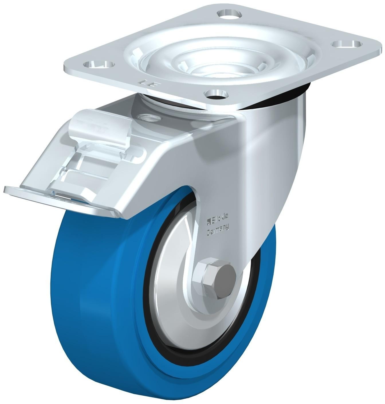 Roulette pivotante en tôle d’acier, avec platine à visser et blocage “stop-fix”