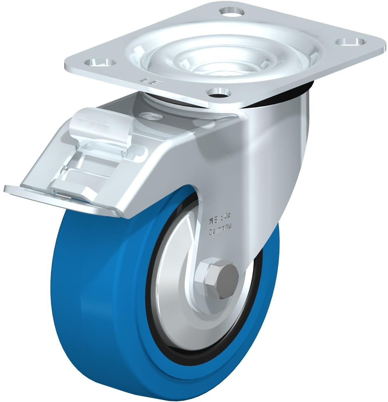 Roulette pivotante en tôle d’acier, avec platine à visser et blocage “stop-fix”